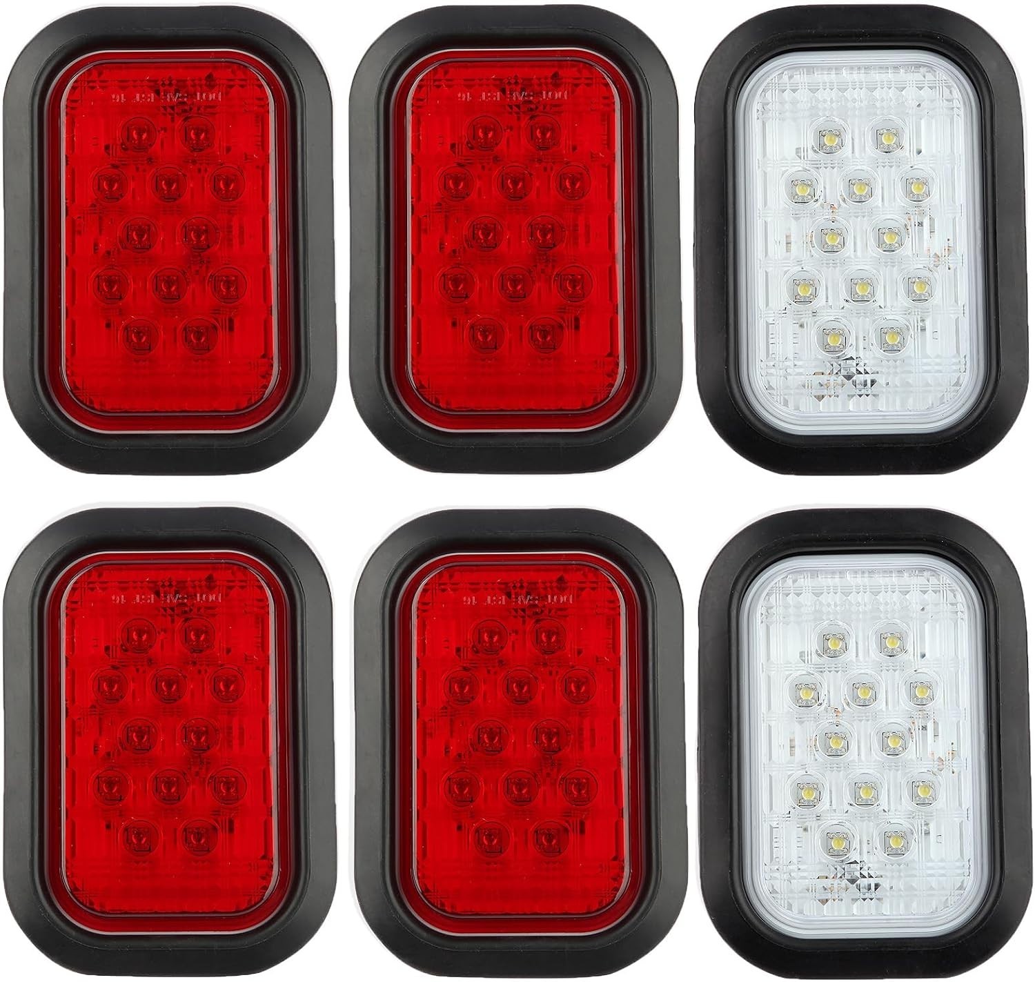 6Pcs 5×3 Rectangle LED Stop/Turn/Tail/Brake & Backup 4 Red + 2 White