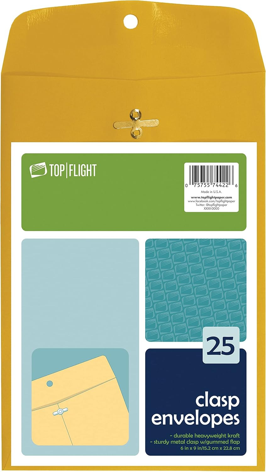 Clasp Envelopes, Gummed and Clasped Closure, 6 X 9 Inches, Brown Kraft, 25 Envel