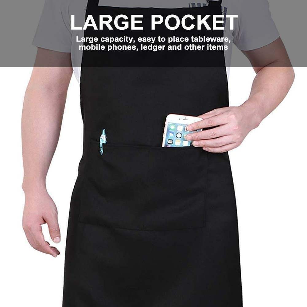 1-100X Unisex Black Bib Aprons with 2 Pockets for Chef Waiter Kitchen Restaurant