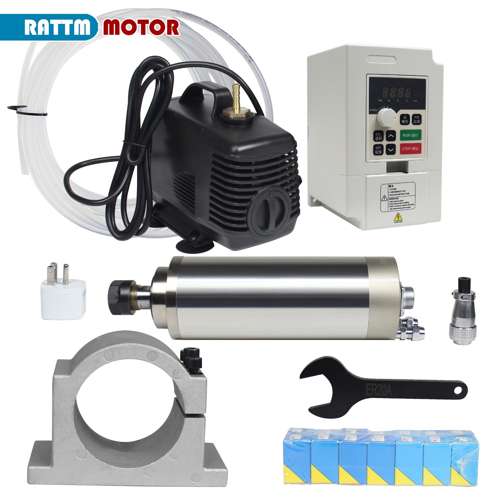 US SHIP】2.2KW 220V Water Cooled Spindle Motor ER20+VFD Driver+80mm Spindle Clamp