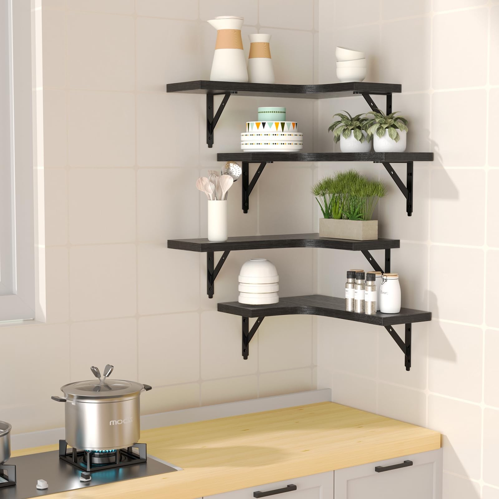 ROMGUAR CRAFT Corner Floating Shelves Wall Mounted Set of 4, Rustic Wood Storage