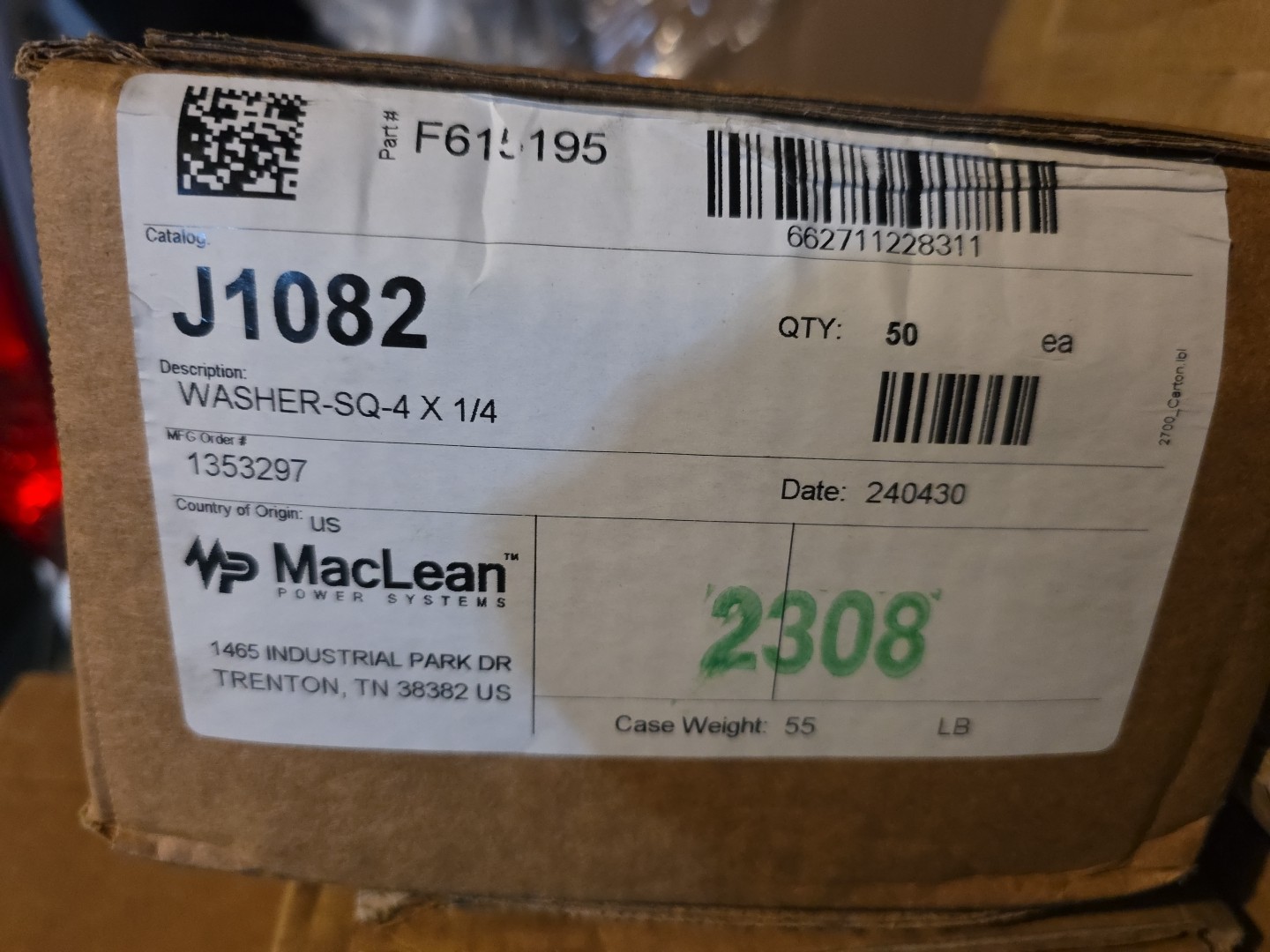 Maclean Power Systems 4″ x 4″ x 1/4″ J1082 Gal Square Washers F615195 (Qty 25