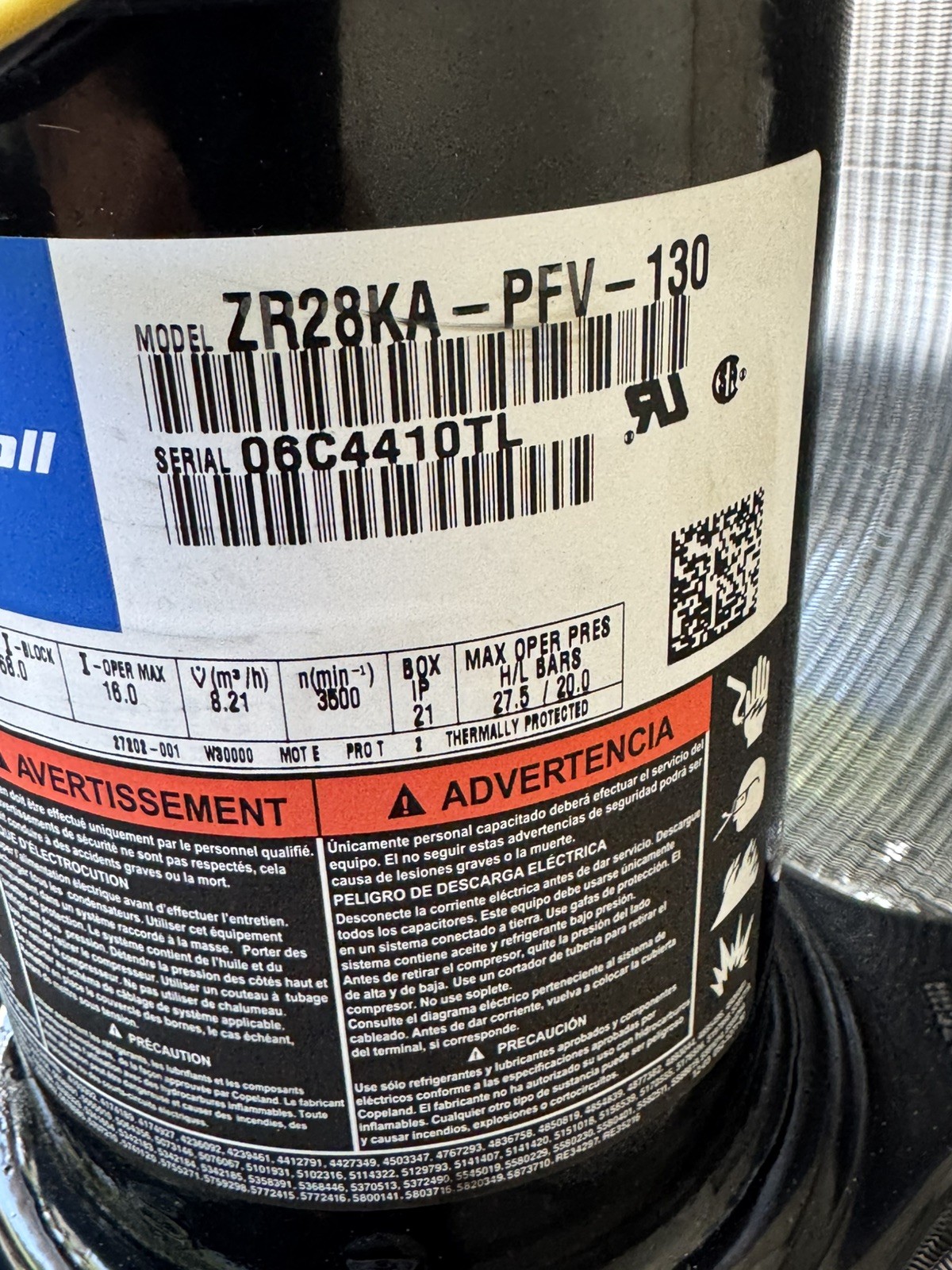 Copeland Scroll Compressor Model ZR28KA-PFV-130 208-230V 1PH R-22 NEW OLD STOCK