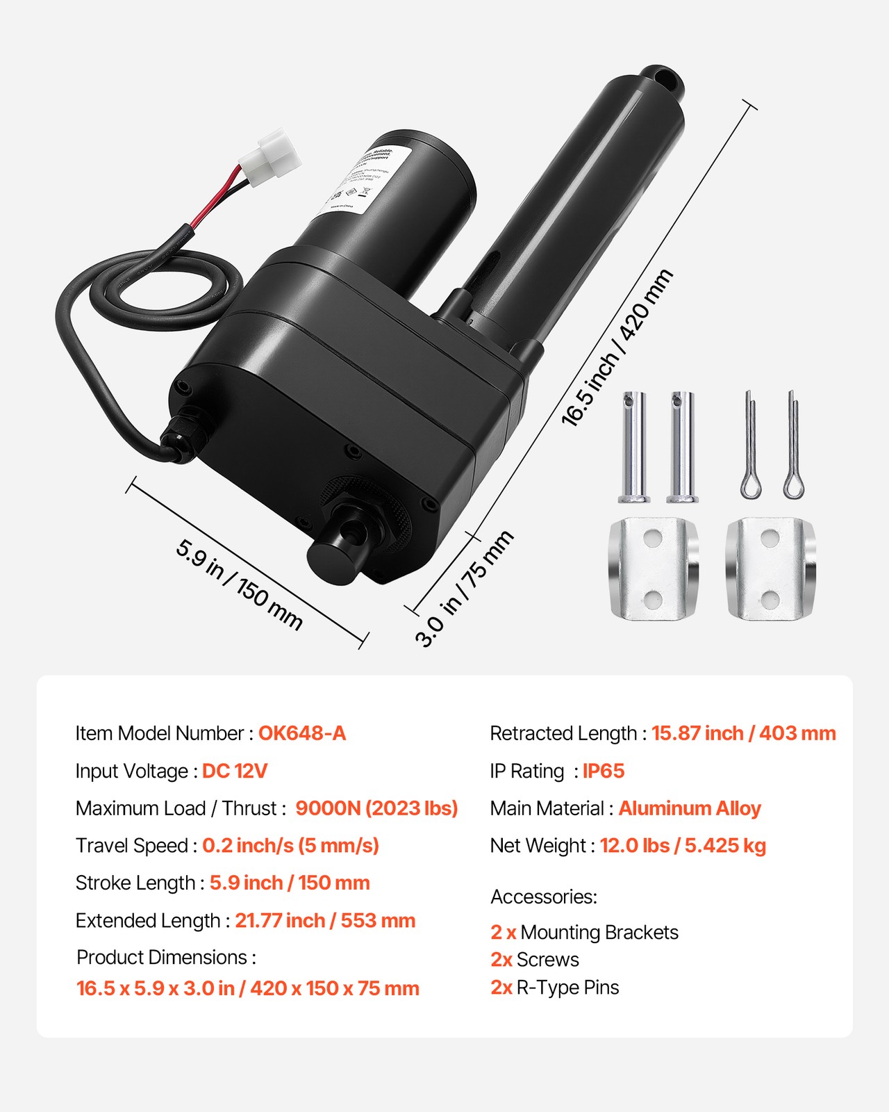 VEVOR 12V Linear Actuator 6-inch Stroke Ultra Heavy-Duty 2023lbs/9000N IP65