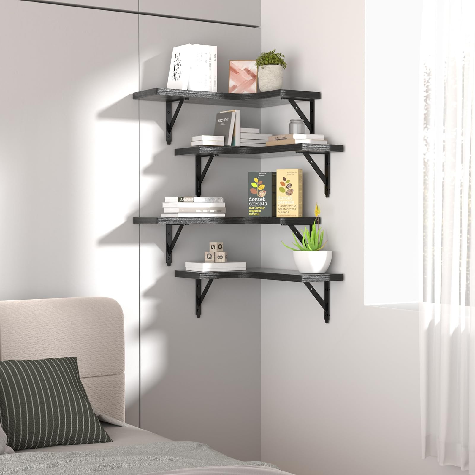 ROMGUAR CRAFT Corner Floating Shelves Wall Mounted Set of 4, Rustic Wood Storage