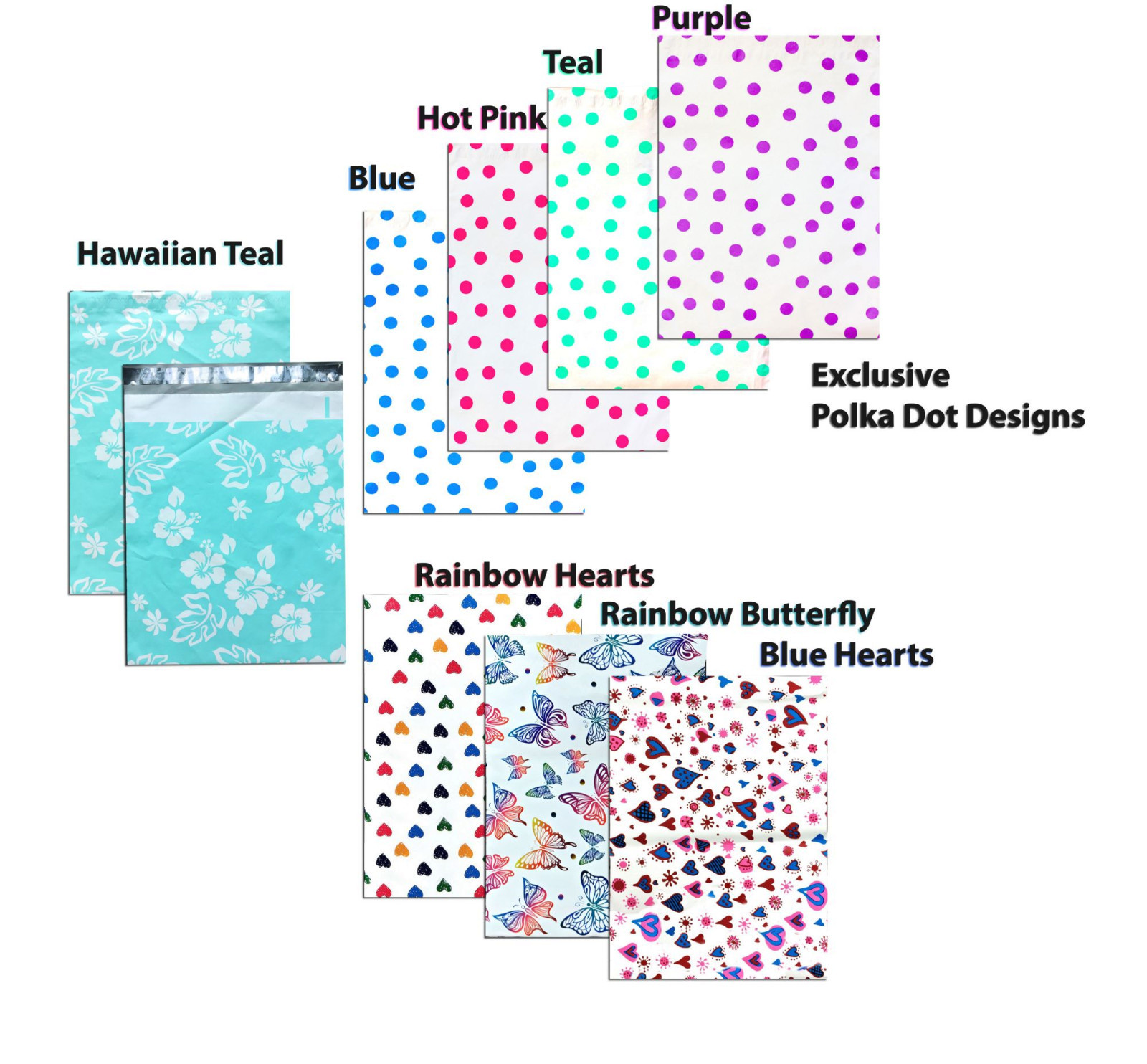 12″ x 15″ Designer Poly Mailers, Pink,Teal, Polka Dots,Hearts Flat Shipping Bags
