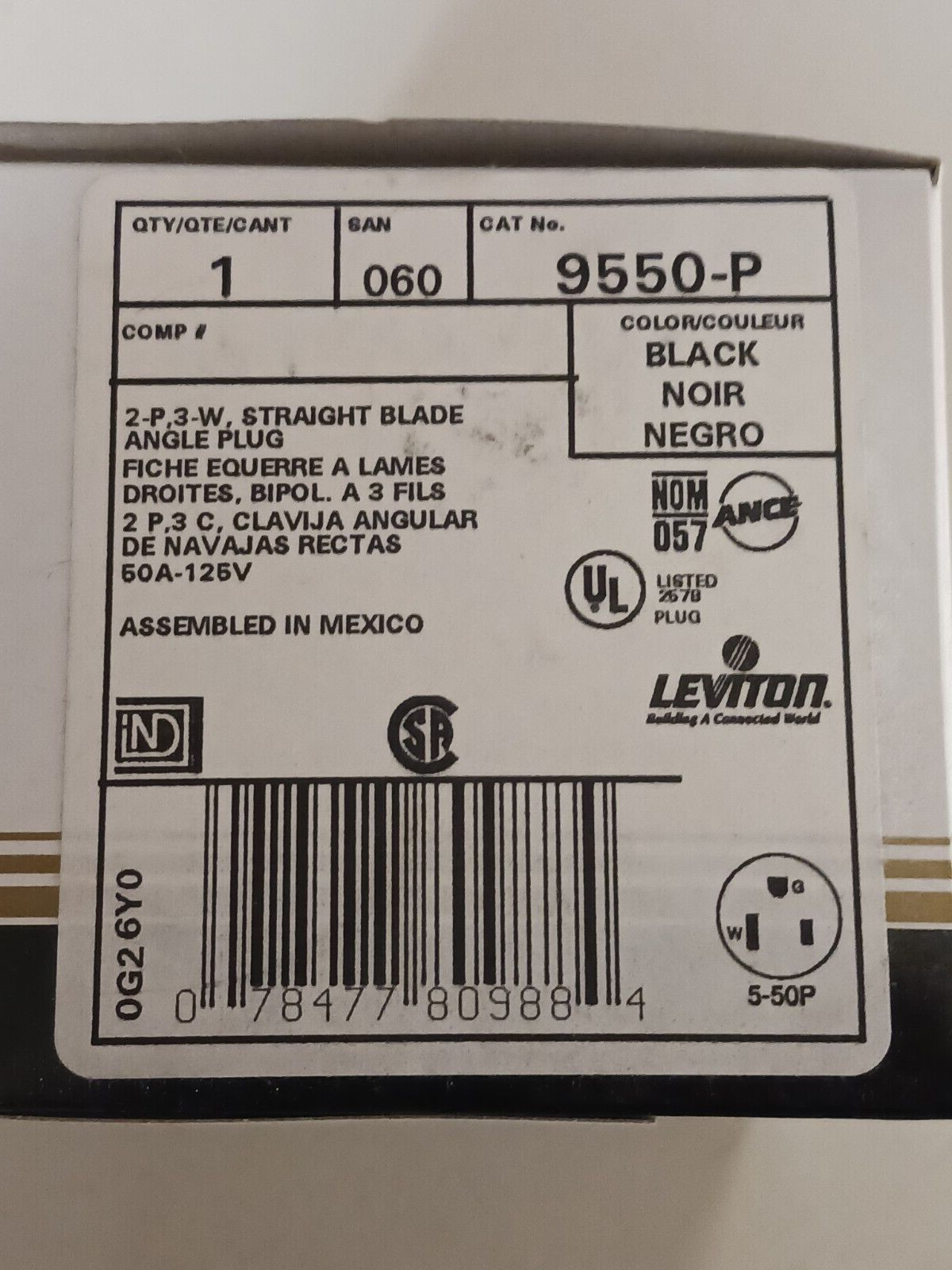 LEVITON 9550-P 50 AMP, 125 VOLT (NEMA 5-50P) STR BLADE ANGLE PLUG