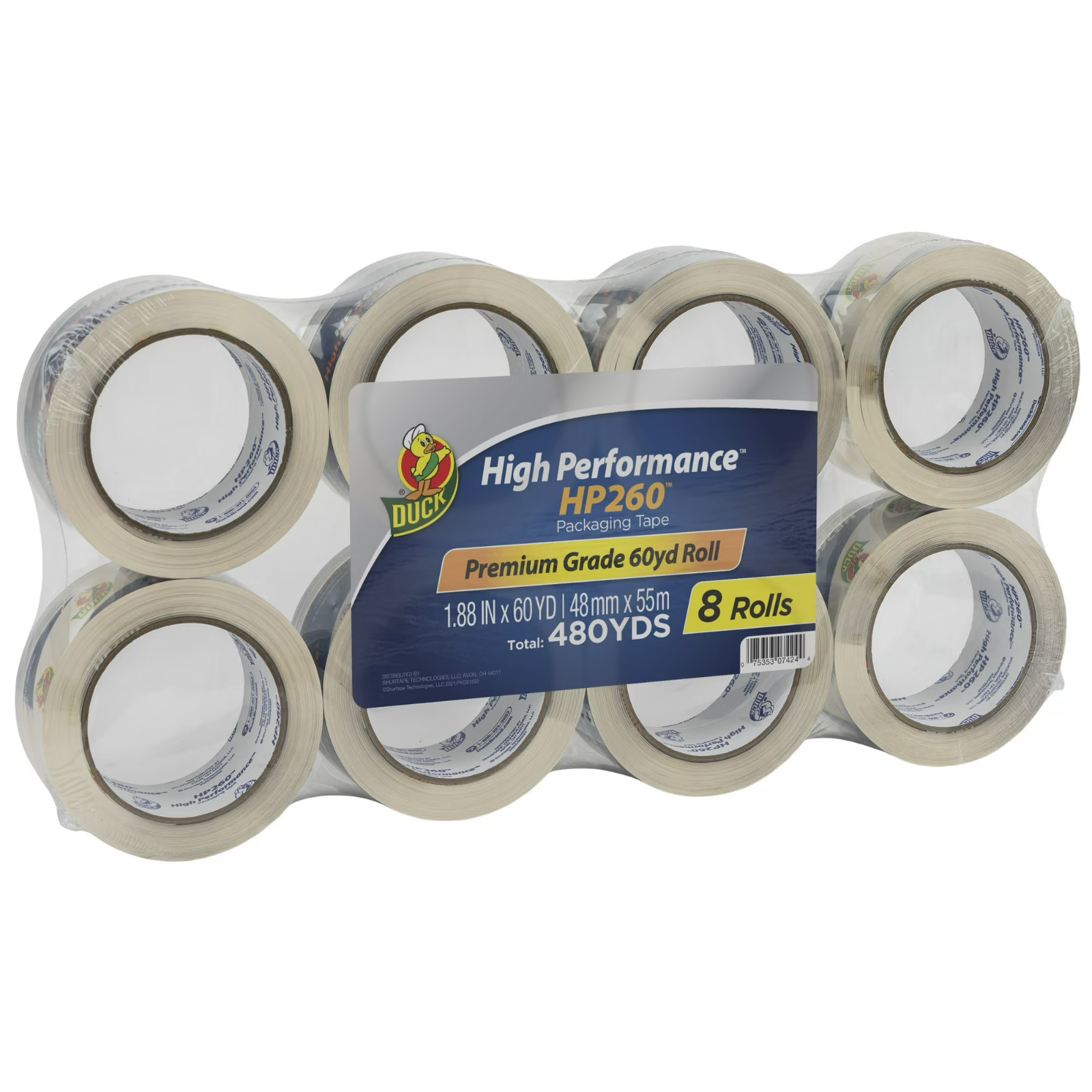 Duck Brand HP 260 Clear Acrylic Packing Tape, 1.88 in. x 60 yards, 8 Rolls, 480