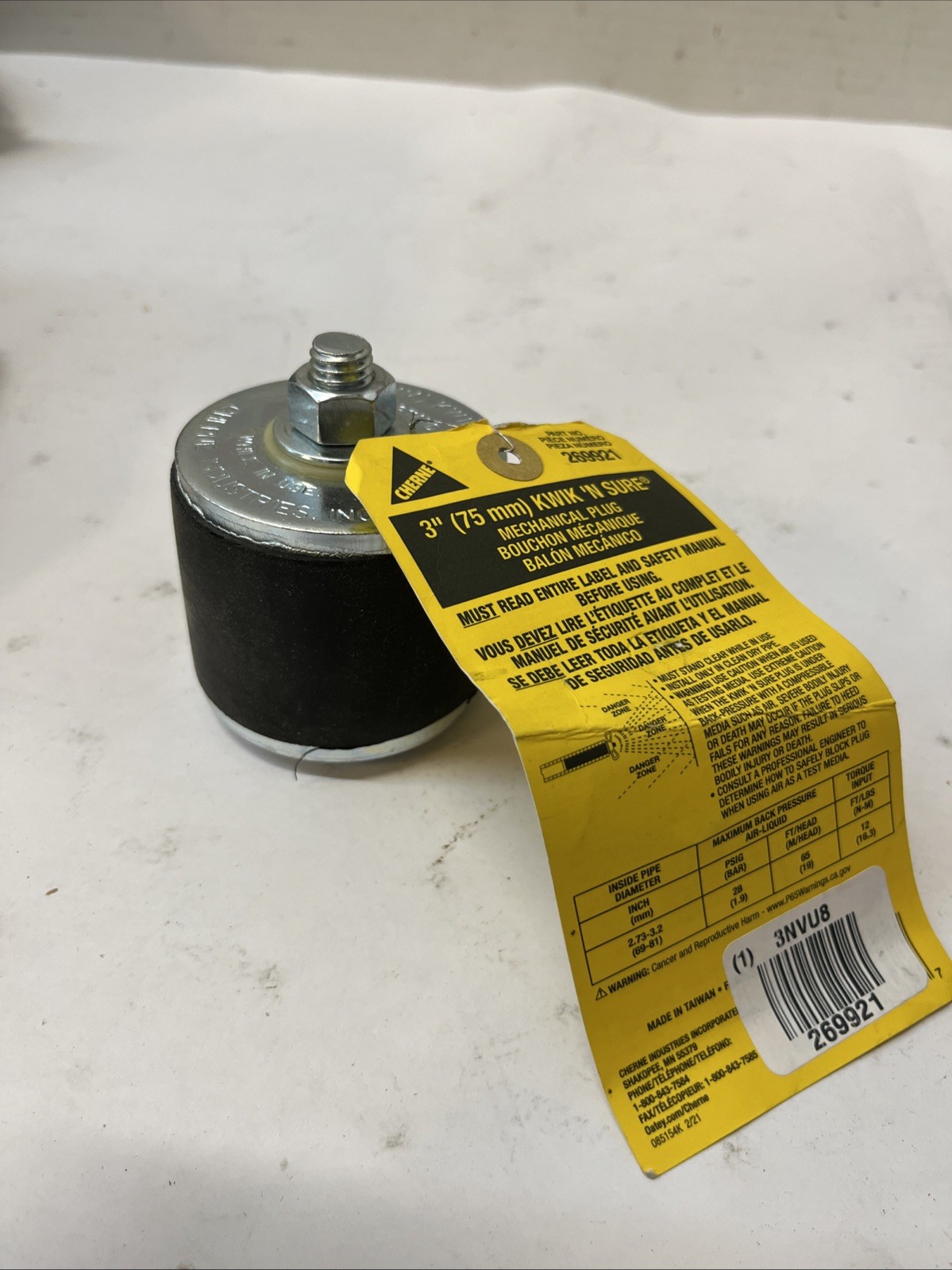 CHERNE 269921 Mechanical Pipe Plug For 3″ Pipe,Hex Nut,3.12″H, 3NVU8