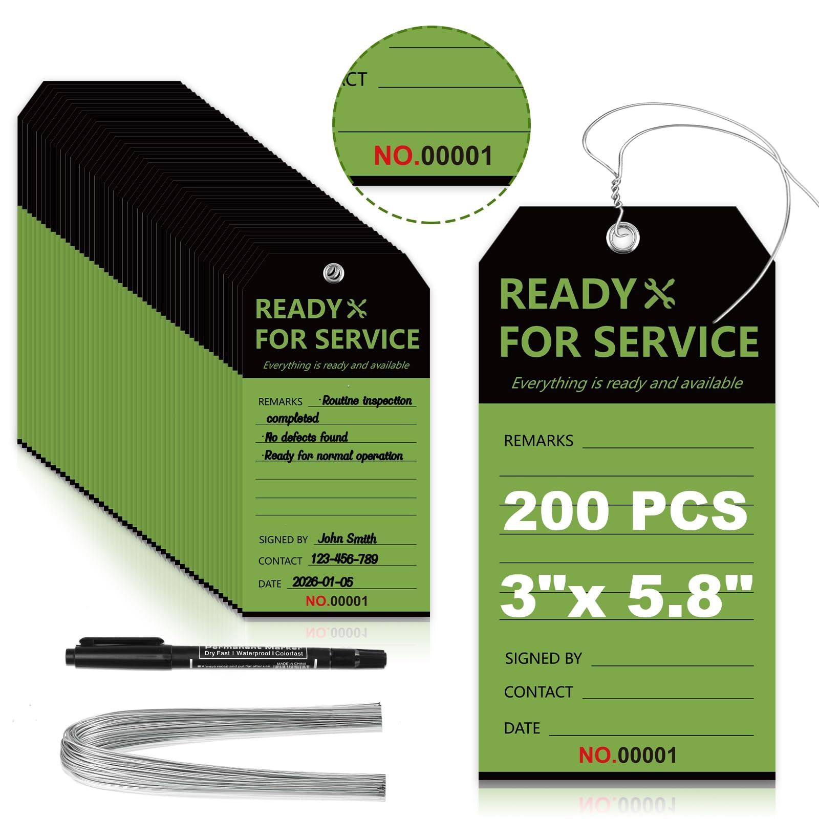 Ready to Service Tags Wire Serial Number Equipment Green 3×5.8 In 200 PCS