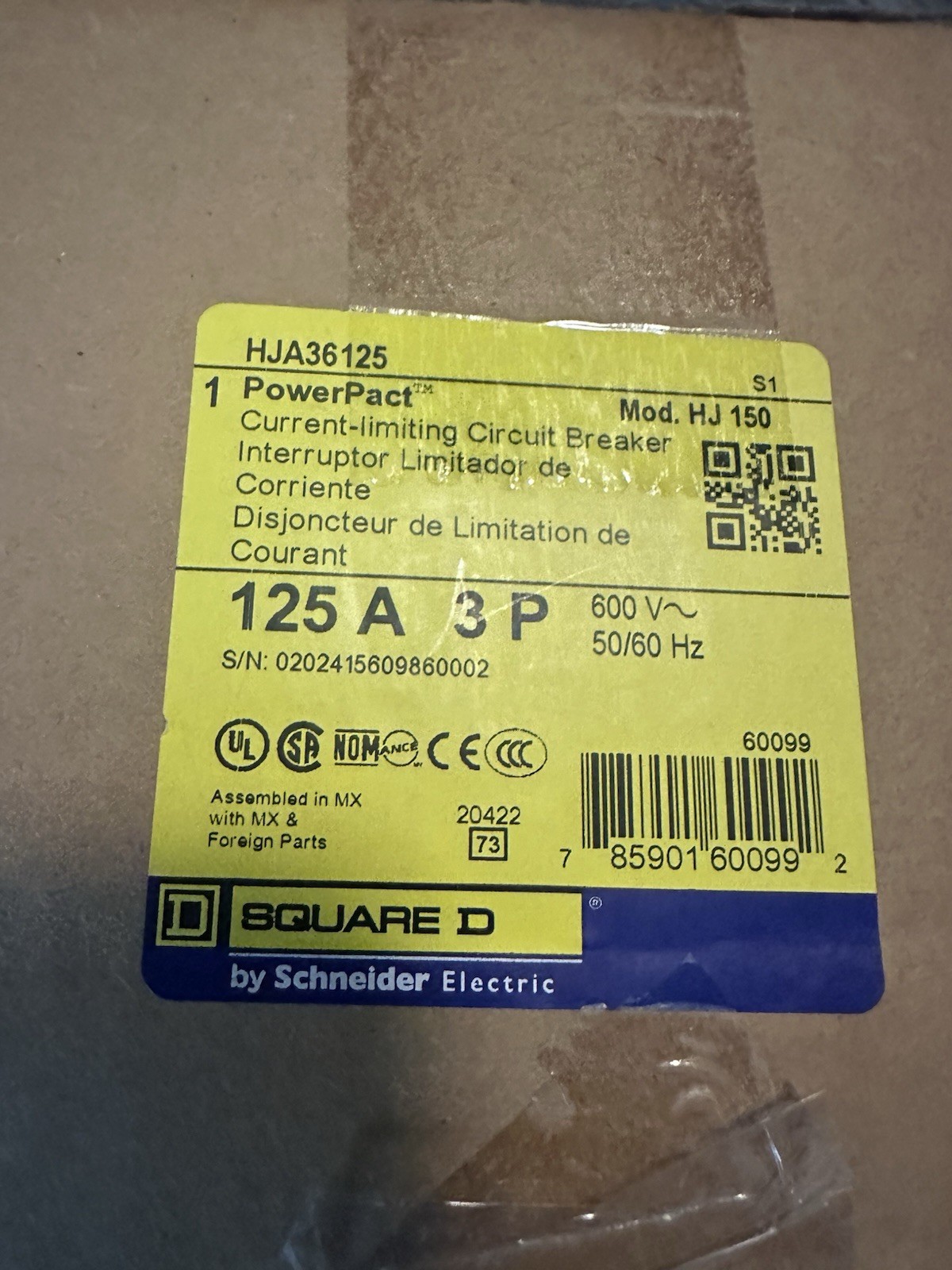 HJA35125 NIB Square D 3 Pole 125 Amp 600 Volt I-Line Breaker New