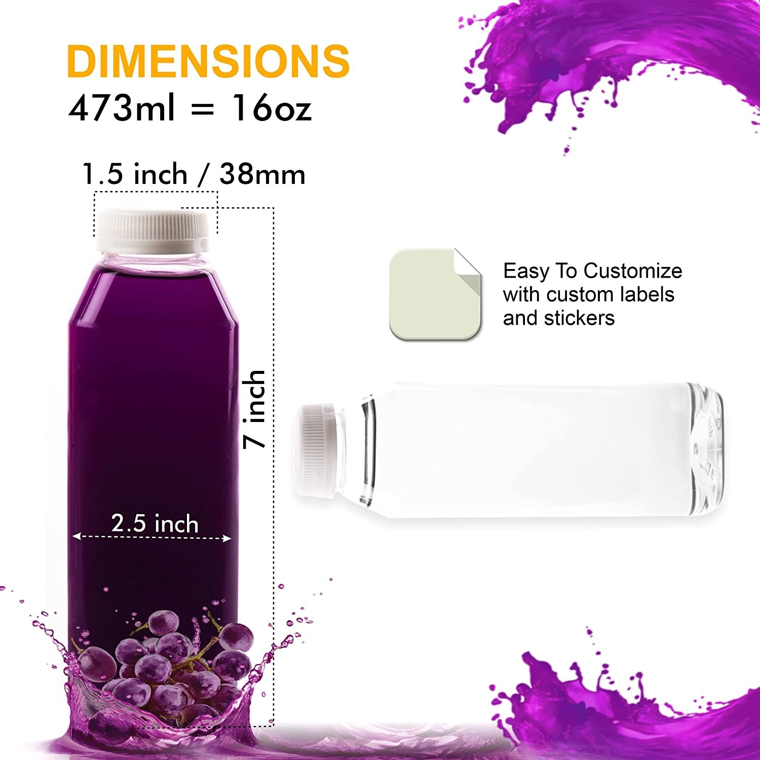 160 Pack Empty Plastic Juice Bottles with White Tamper Evident Caps 16 Oz.