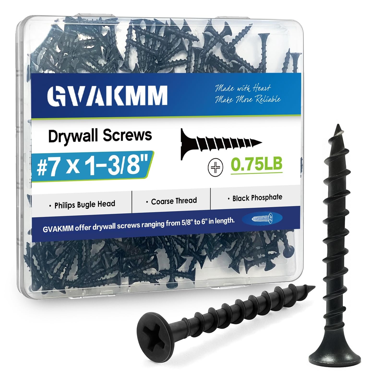 0.75LB (175pcs),#7×1-3/8»Drywall Screws,Black Wood Screws,Coarse Thread,Phil…