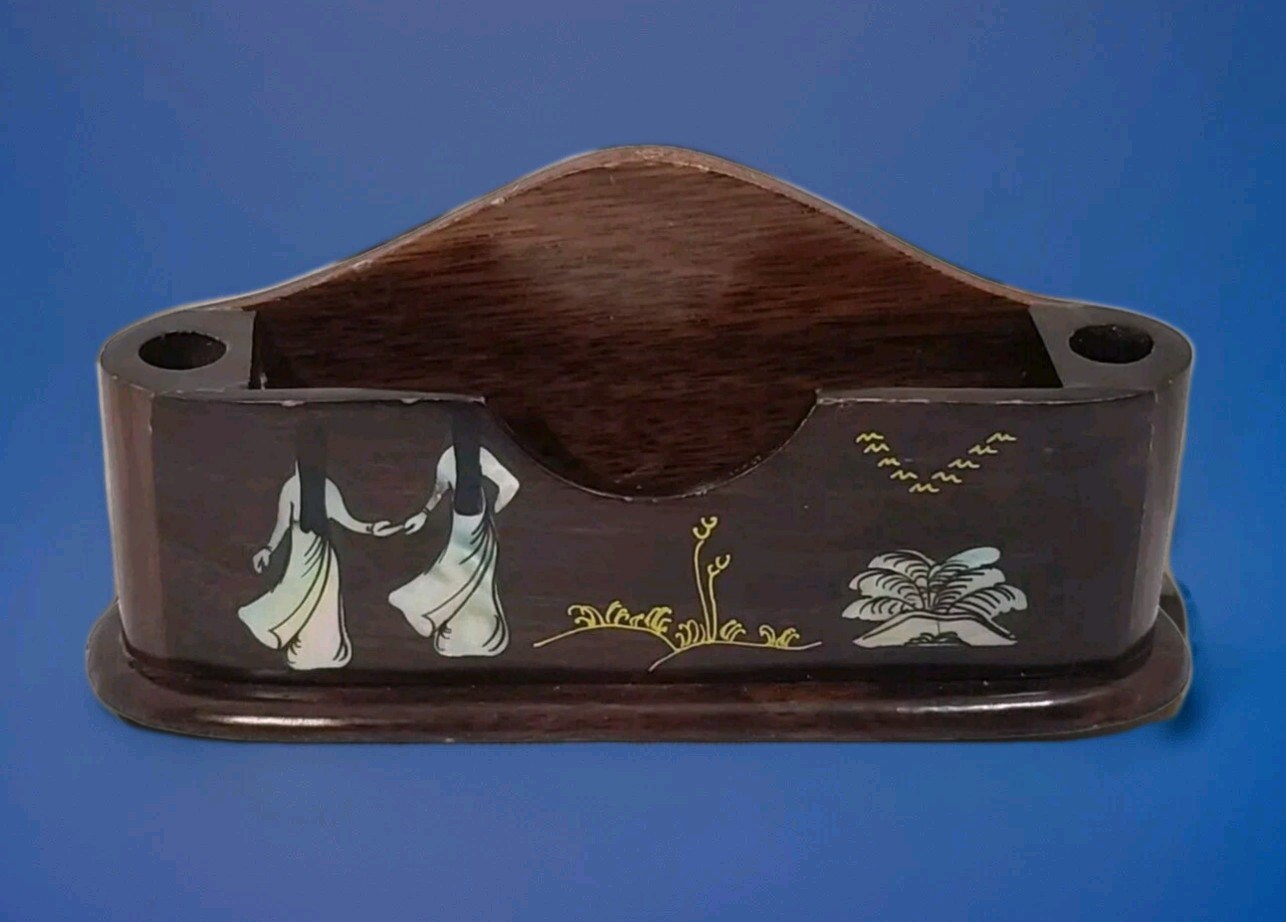 Vintage Desk Pen Card Holder Organizer Inlaid Mother of Pearl Teak Wood Vietnam
