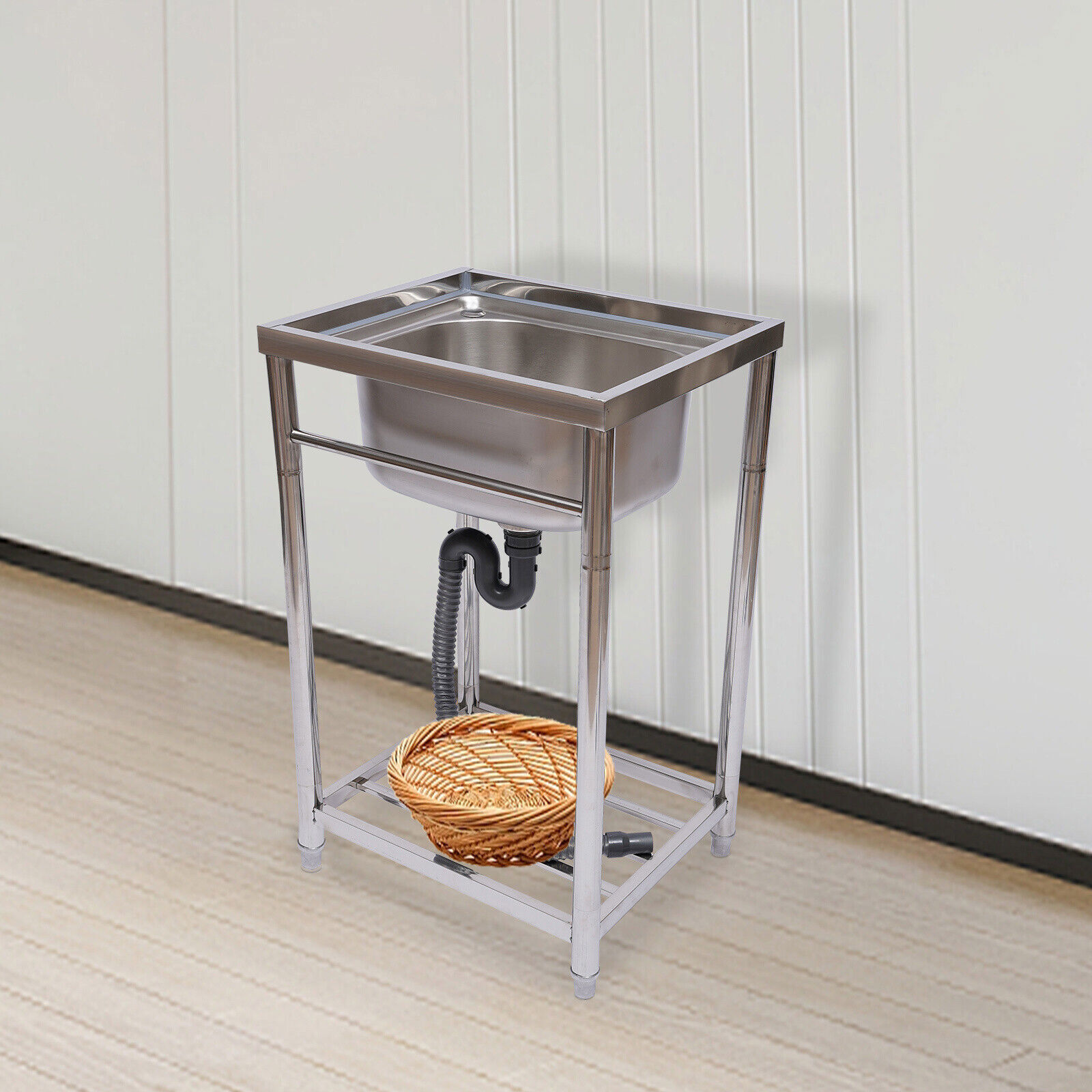 Freestanding Laundry Single Sink Utility Kitchen Wash Bowl Basin Stainless Steel