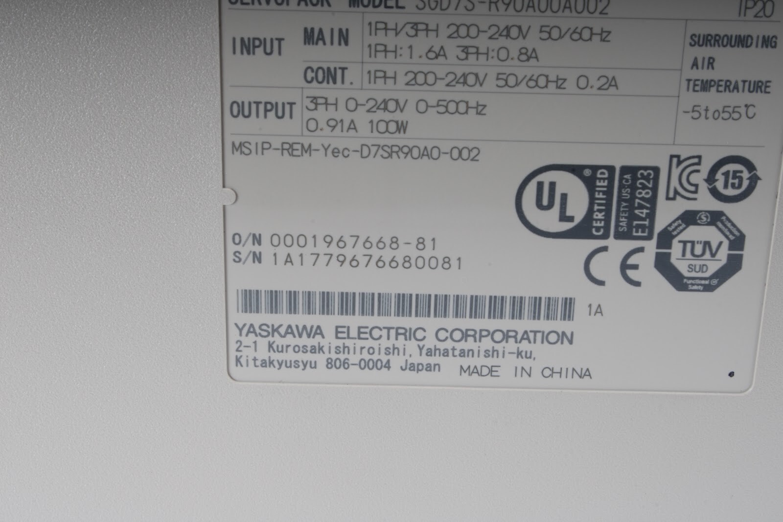 Yaskawa SGD7S-R90A00A002 Servo Drive