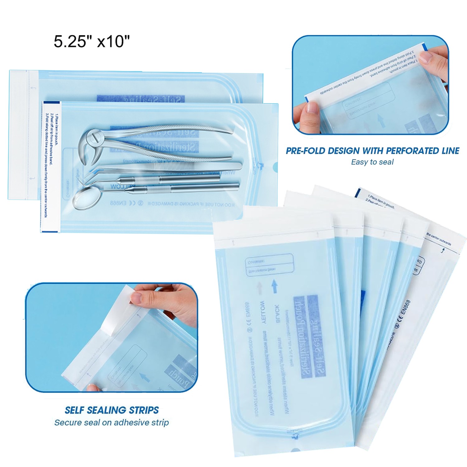 Sterilization Pouches- 5.25 » x 10 » Dental Medical Self Seal Pouch Bag 1000pcs