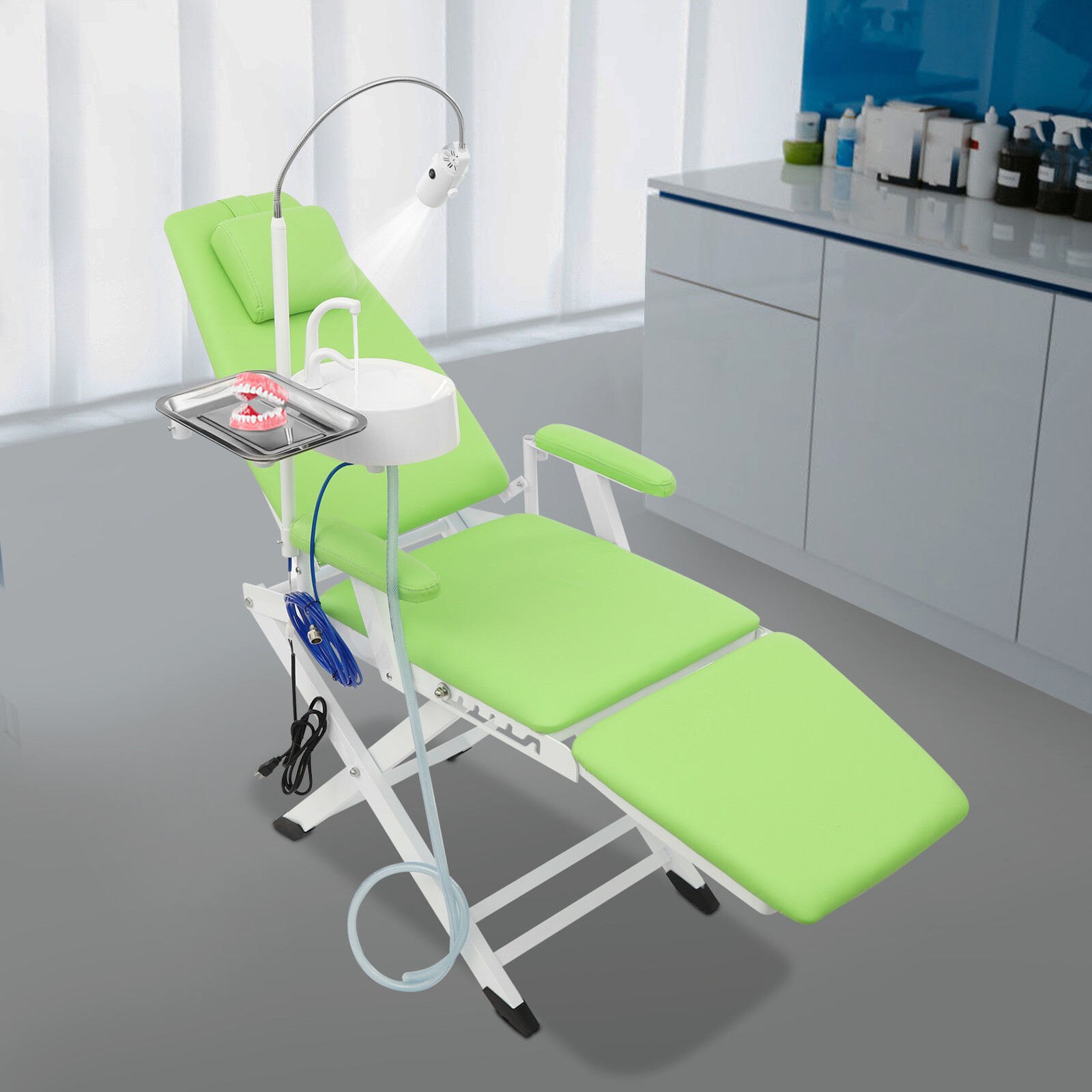 Portable Dental Chair Mobile Folding Chair Exam Chair w/LED Light Spittoon+Tray