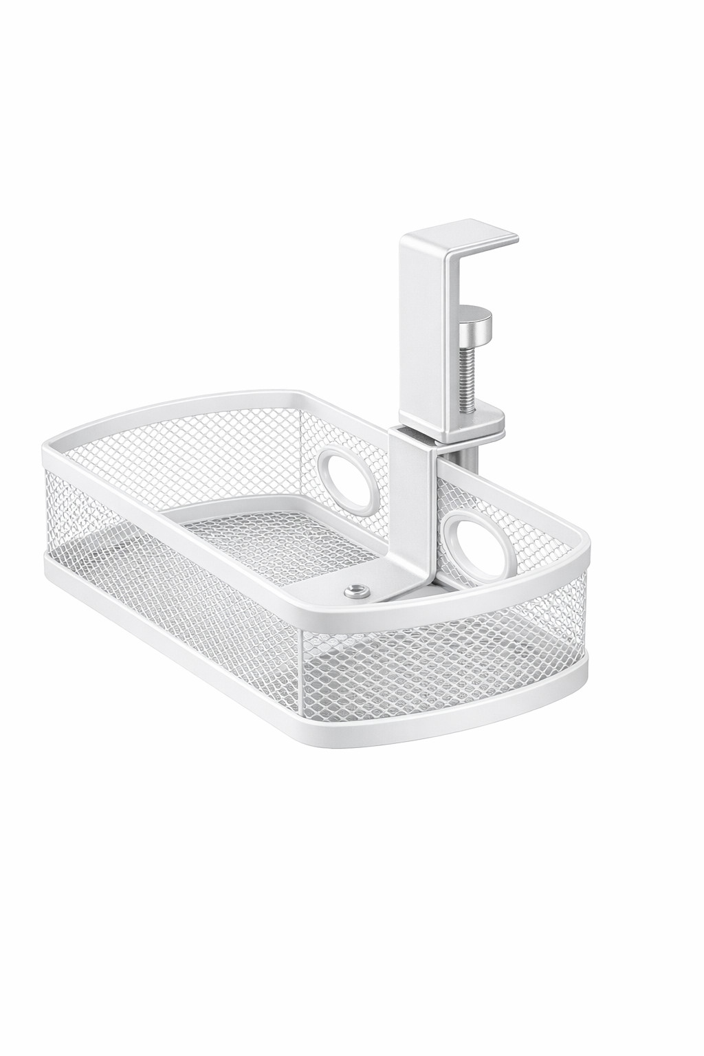 Under Desk Storage Basket 360° Rotating Clamp-On Mesh Organizer White
