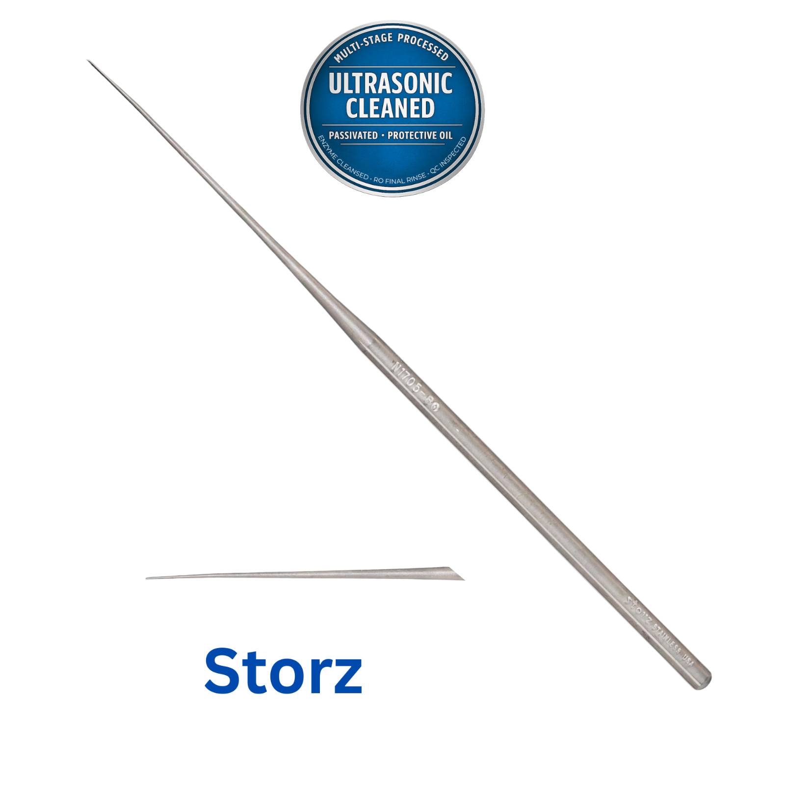 Storz N1705-80 House Oval Window Pick, 0.33mm Long Point, Angled 30°, 6-5/8″
