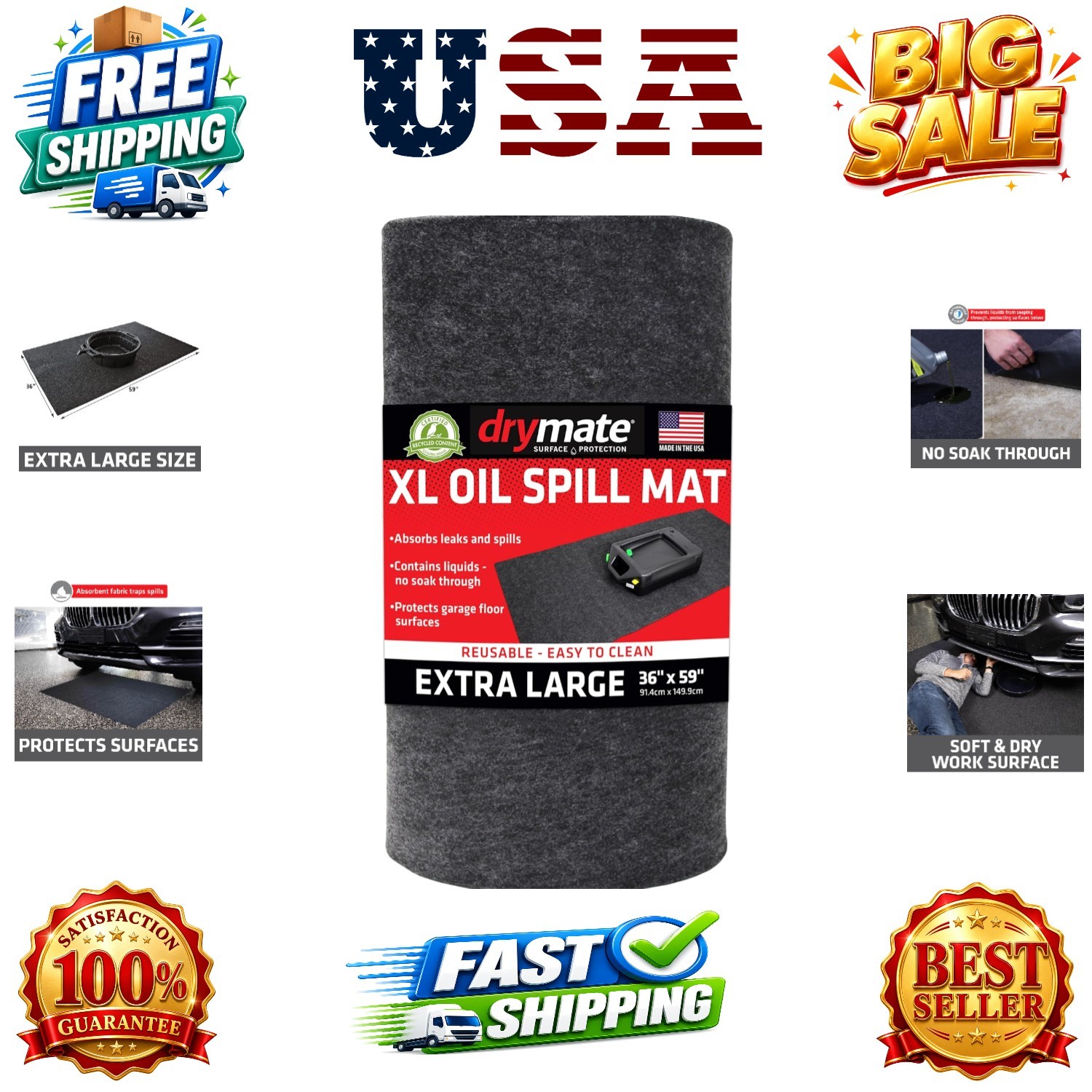 XL Oil Spill Mat 36″ x 59″, Absorbent Oil Pad, Reusable, Washable, Durable, …