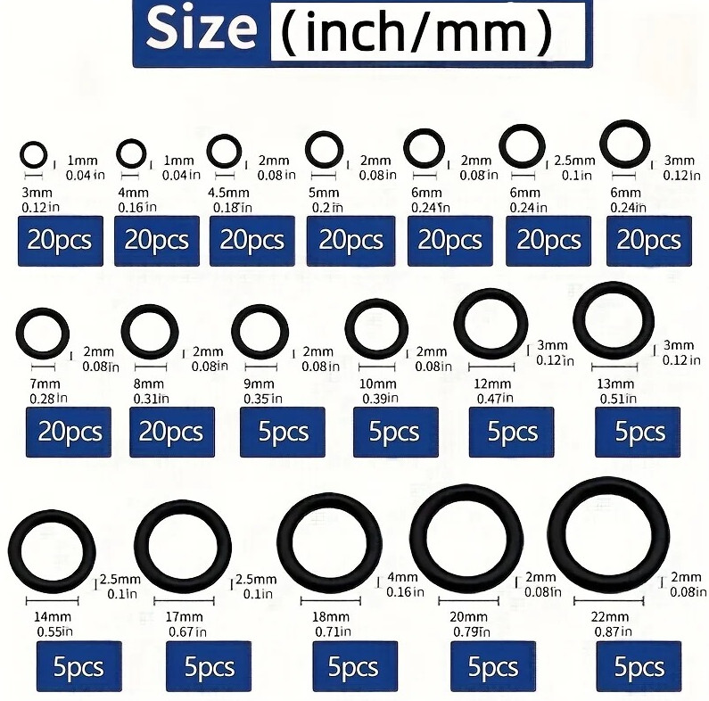 225pcs Black Rubber O-Ring Seal Kit Assorted Sizes Oil Water Resistant – NEW