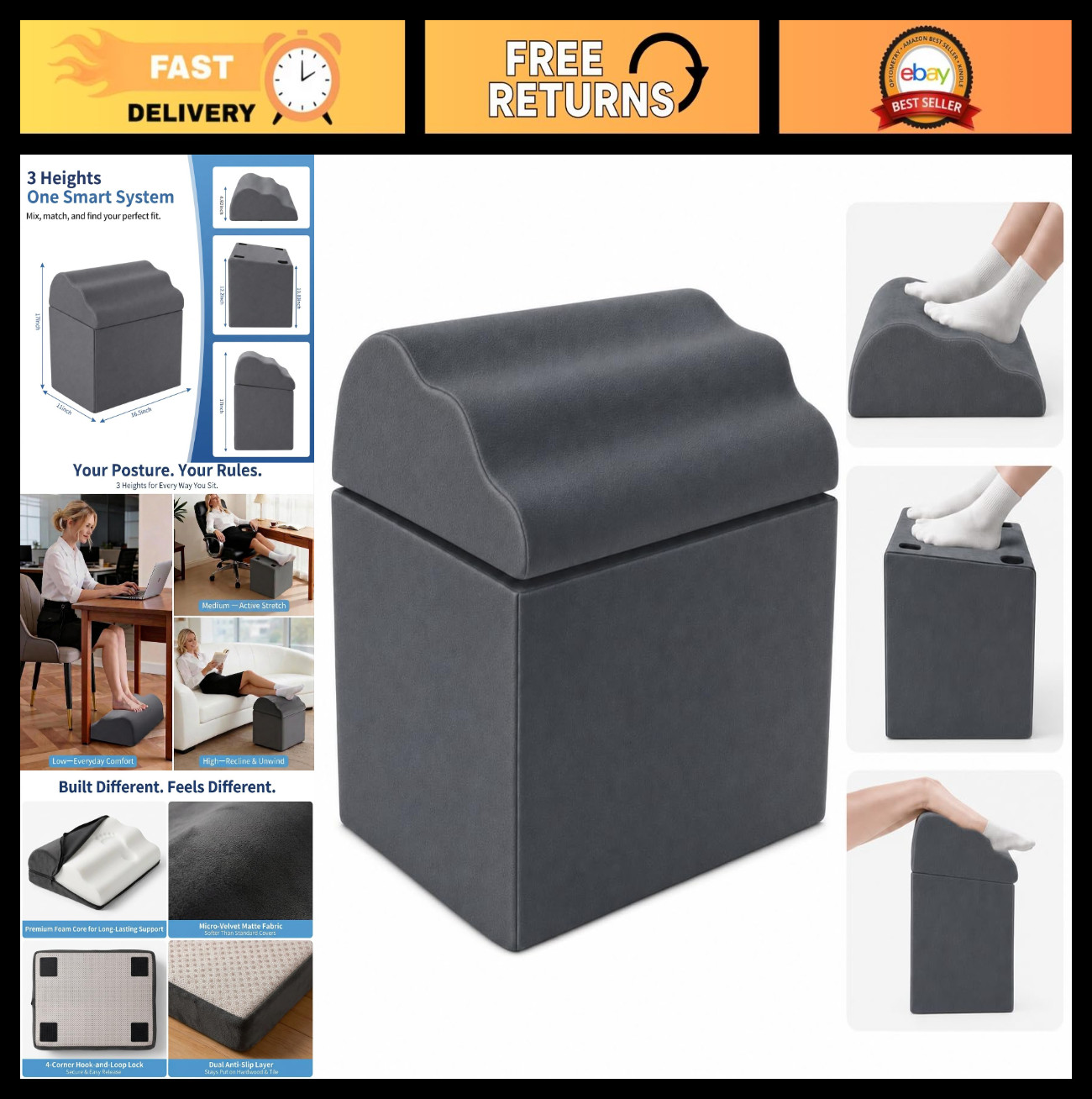 Ergonomic Under Desk Foot Rest Stool – Adjustable Foam Cushion, Non-Slip Cover,
