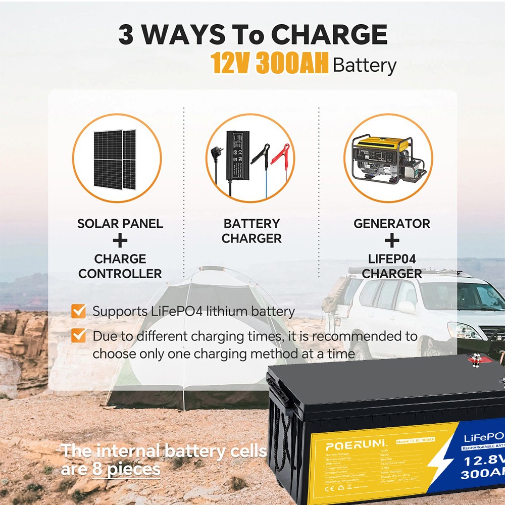 POERUNI 12V 300Ah LiFePO4 Battery 4000+ Deep Cycles 3840Wh 200A BMS for RV Solar