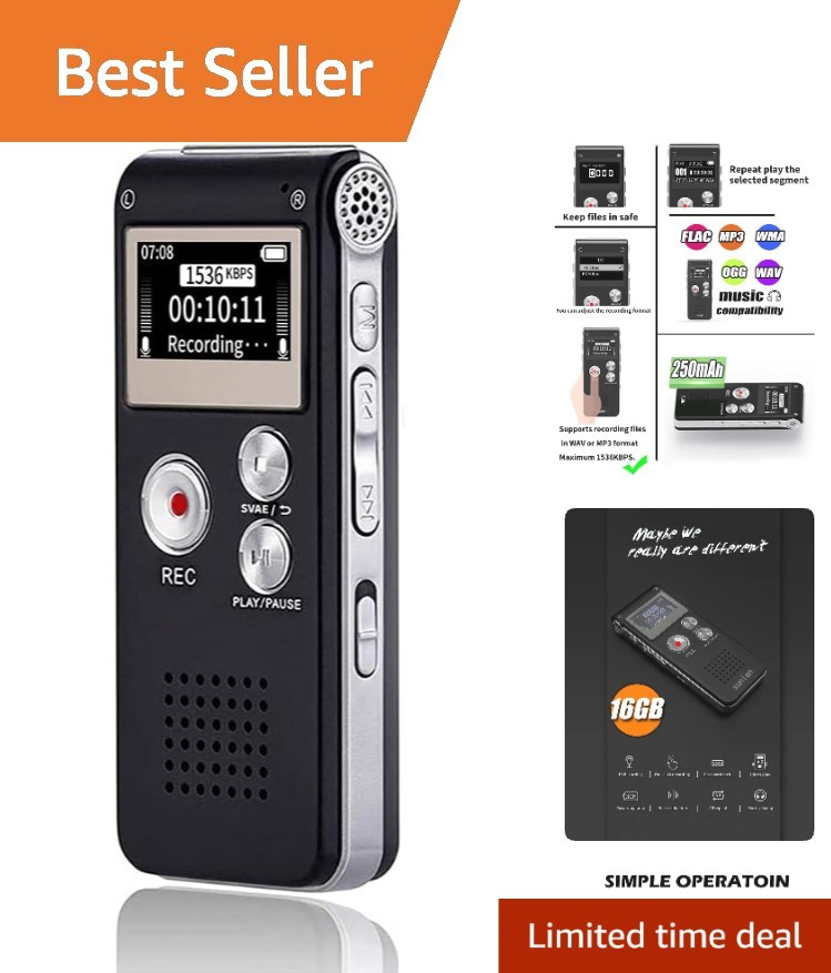 Compact 16GB Digital Voice Recorder with Noise Cancellation & 30 Hours Playback