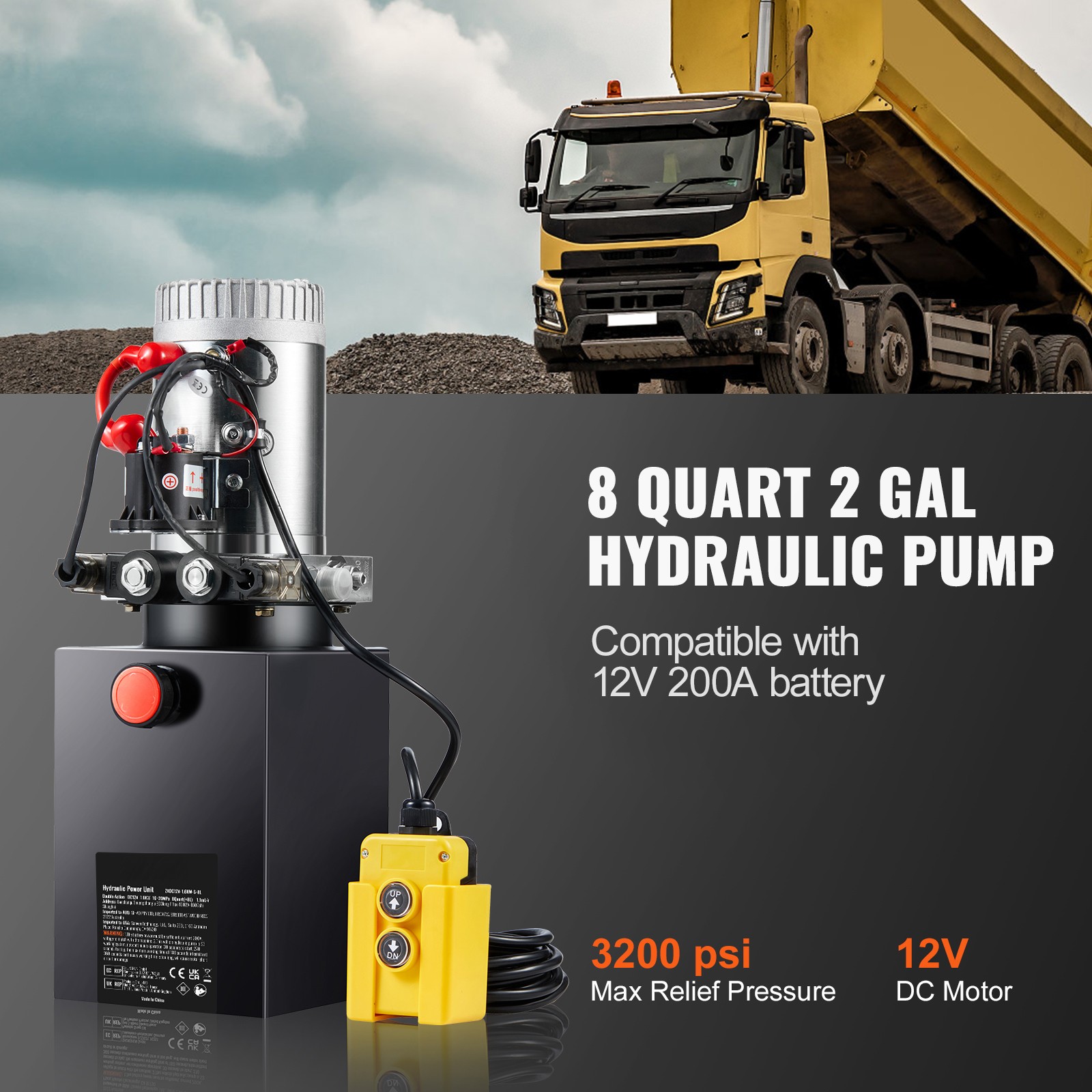 VEVOR 8 Quart Double Acting Hydraulic Pump 12V Dump Trailer Power Unit 2.1HP