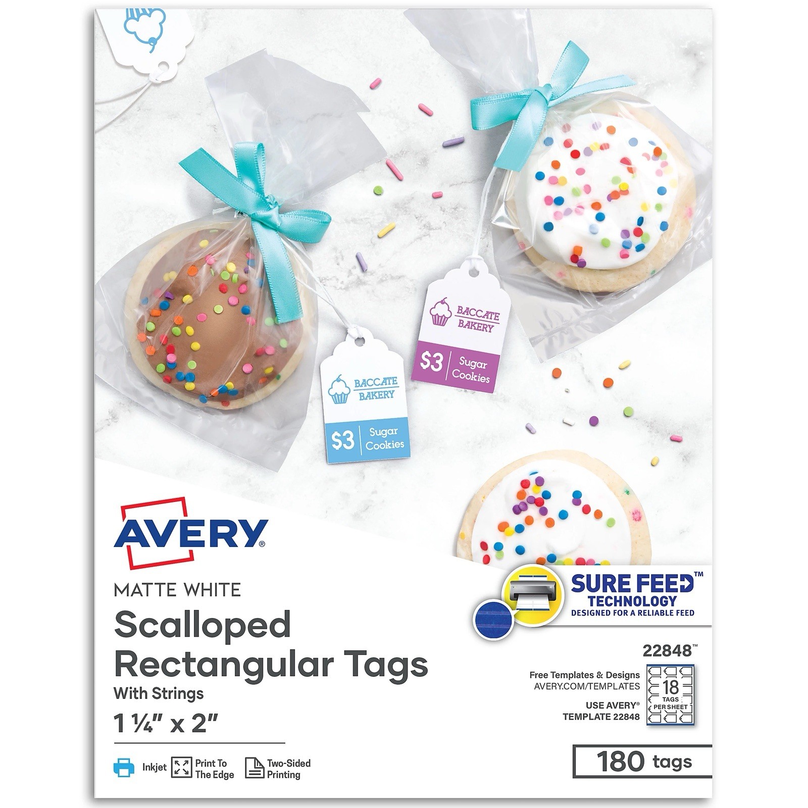 Avery Scalloped Rectangular Tags With Strings, 1-1/4” x 2”, Matte White