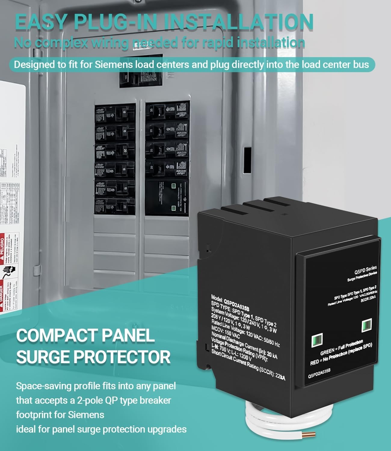 Replace for Siemens QSPD2A035B 35 KAmp BoltShield Indoor Surge Protective Device