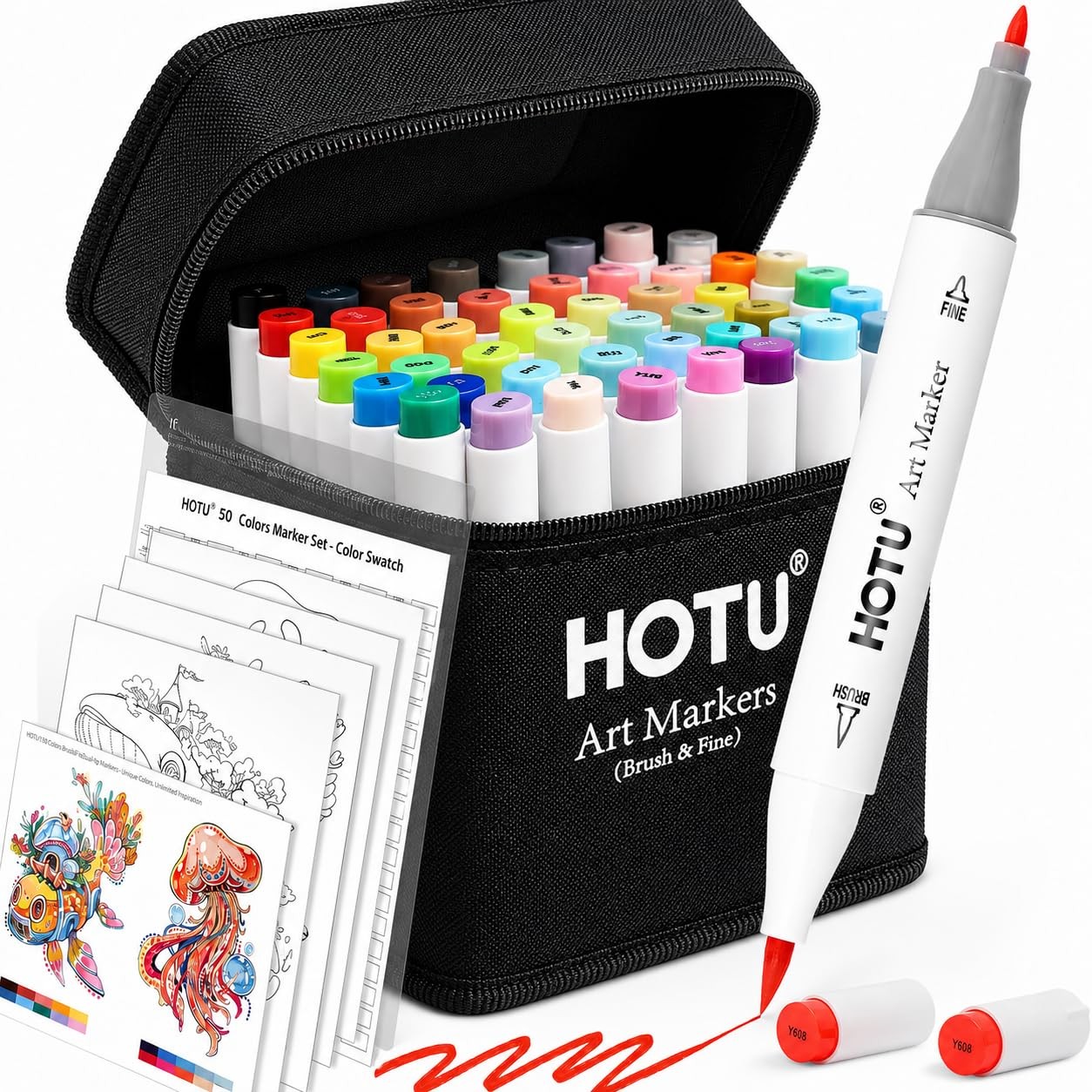 HOTU 50 Colors Alcohol Markers Brush Tip and 1 Count (Pack of 50), Multicolor