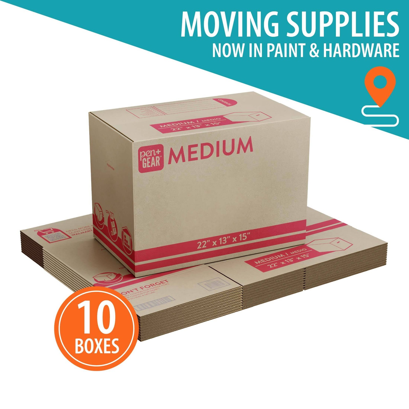 (10 pack) Medium Moving Boxes, 22 in. L x 13 in. W x 15 in. H, Kraft