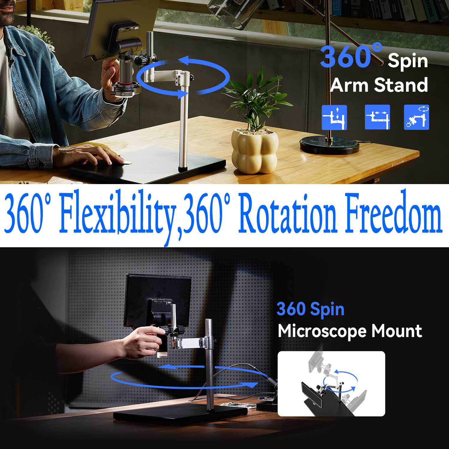 TOMLOV 4K LCD Digital Microscope 2000X Coin Microscope 10.1» HDMI 52MP Spin Arm