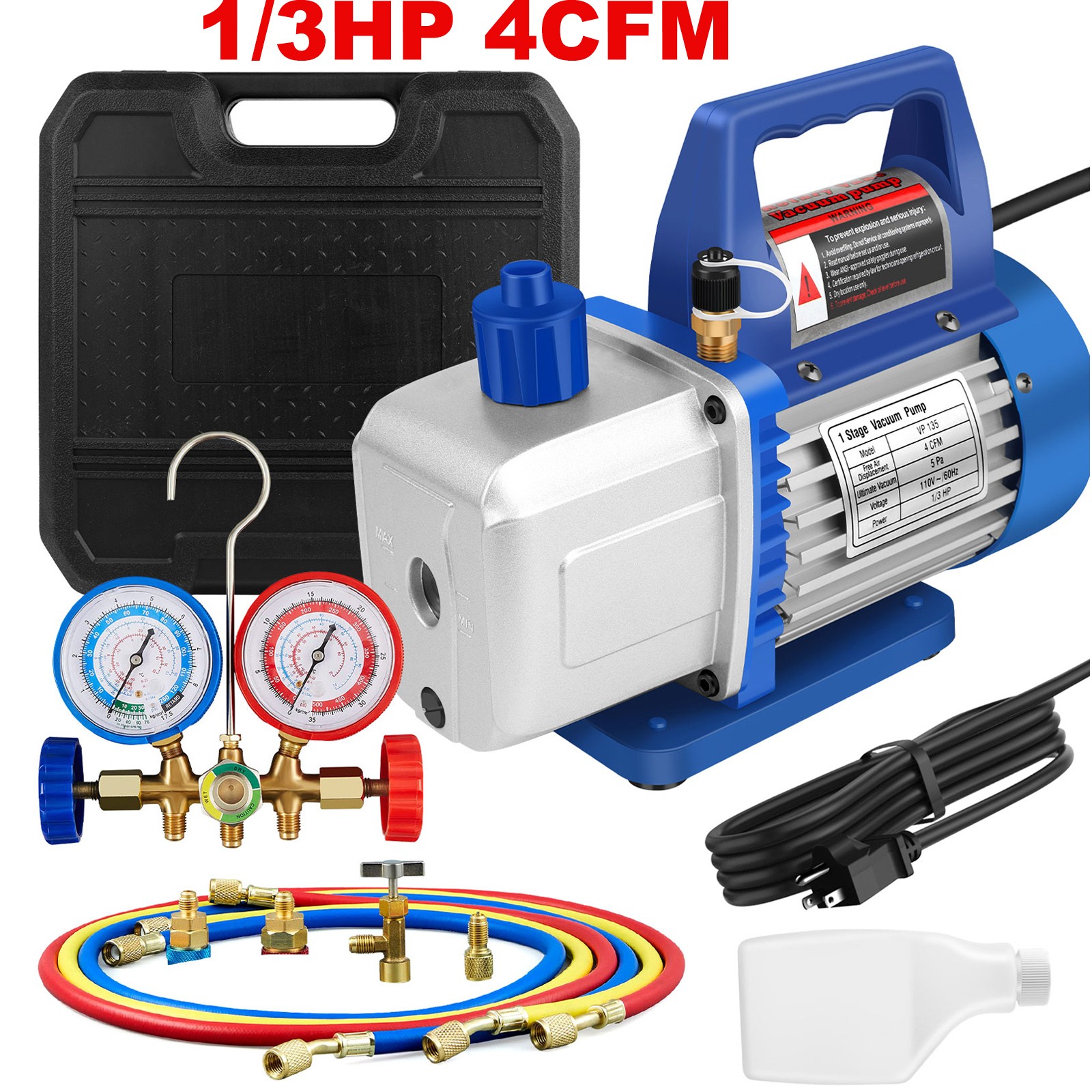 4 CFM 1/3hp Air Vacuum Pump HVAC Refrigeration AC Manifold Gauge Set R134a Kit