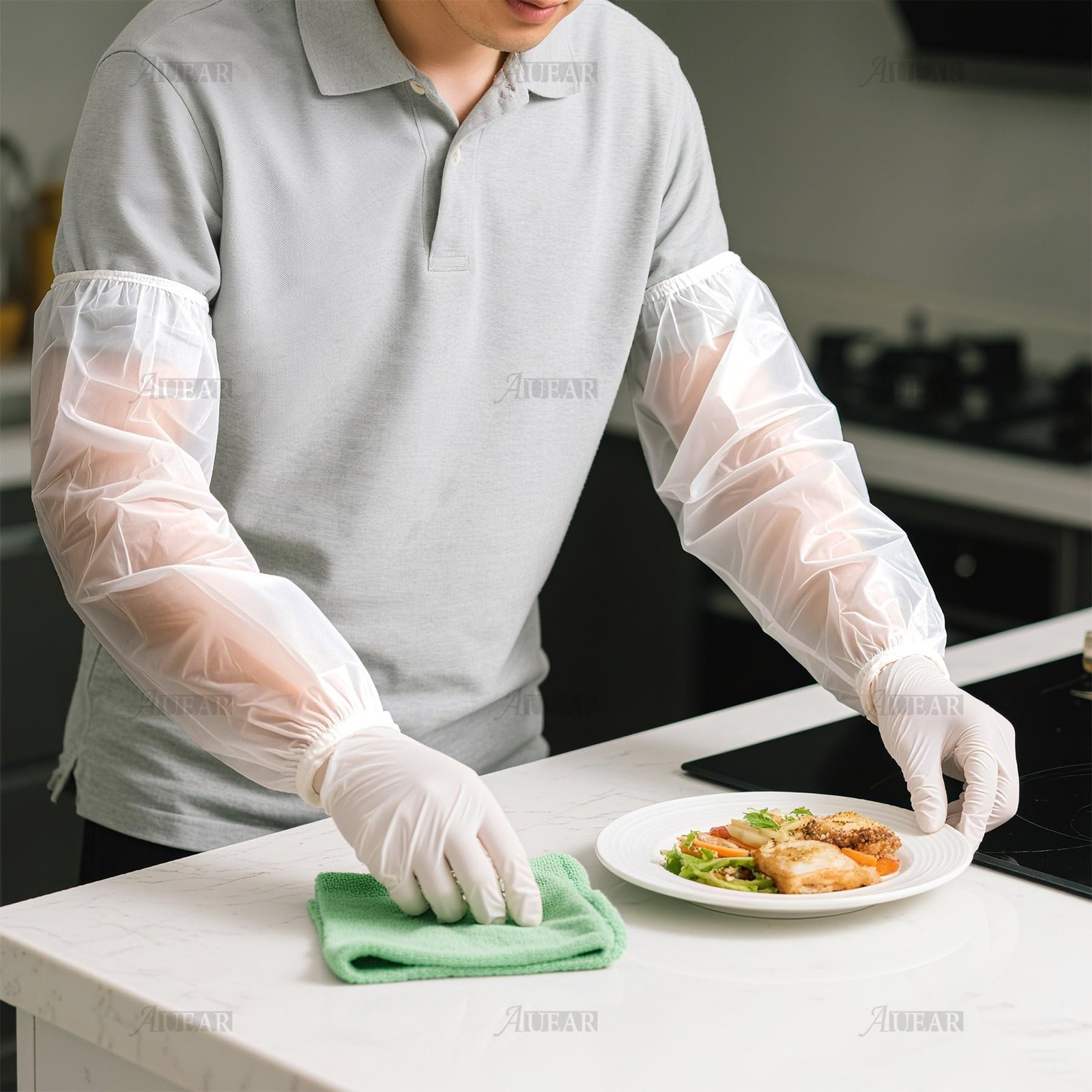 AUEAR, 100 Pack Disposable Arm Sleeves Covers Plastic Over 100 Pack, White