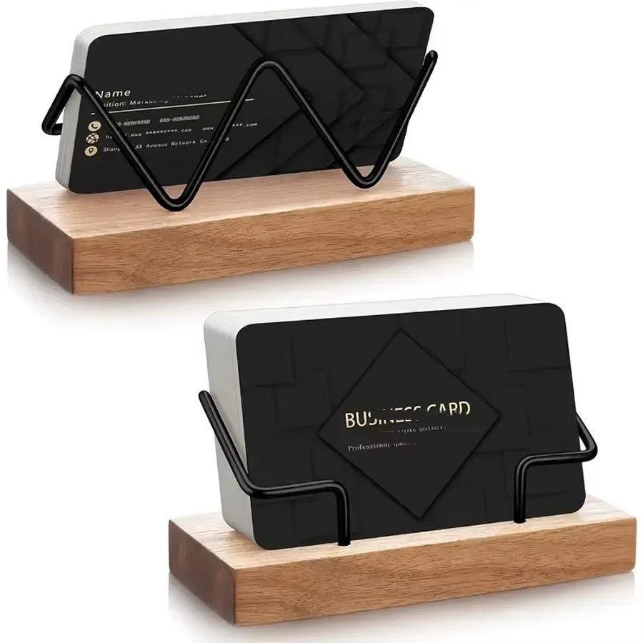 Wood & Metal Business Card Holder Desktop Organizer Office Desk Accessory