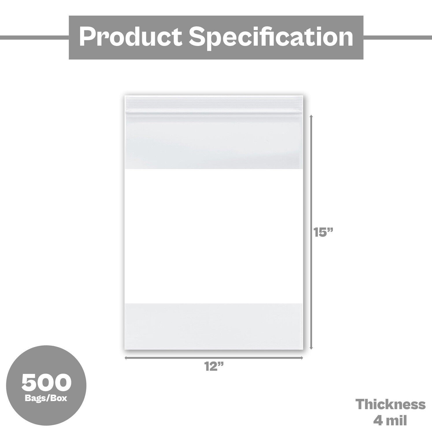500 Pcs 12″ x 15″ 4 Mil Reclosable Bag Writeable White Block Water-Resistant
