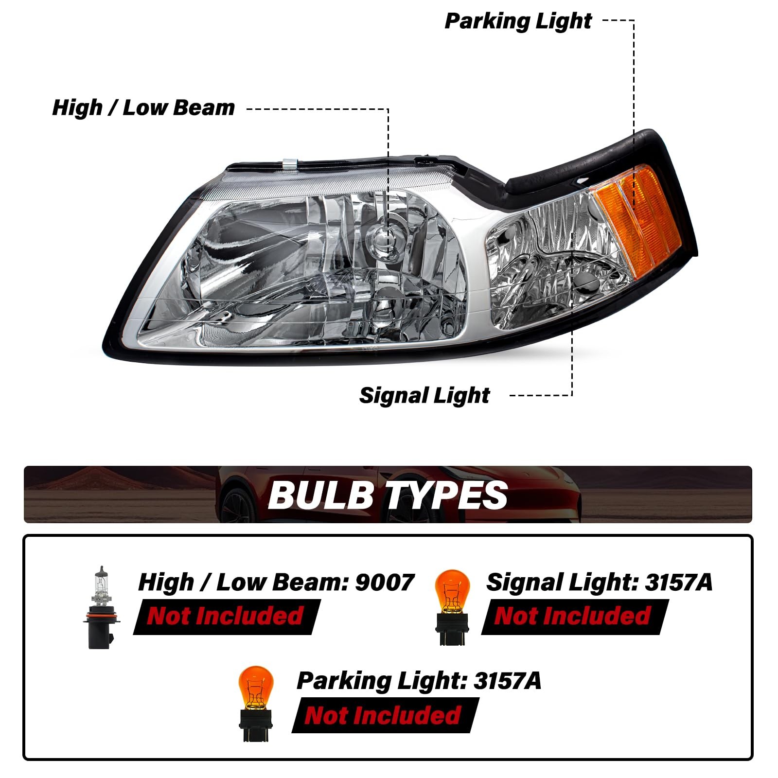 Headlight Assembly 1999-2004 Ford Mustang Pair Chrome Housing Amber Reflector
