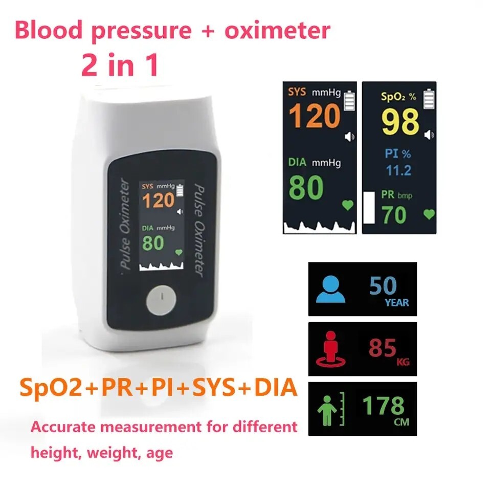 New 2 in 1 Smart Pulse Fingertip Oximeter with Blood Presure SpO2 PR PI SYS DIA