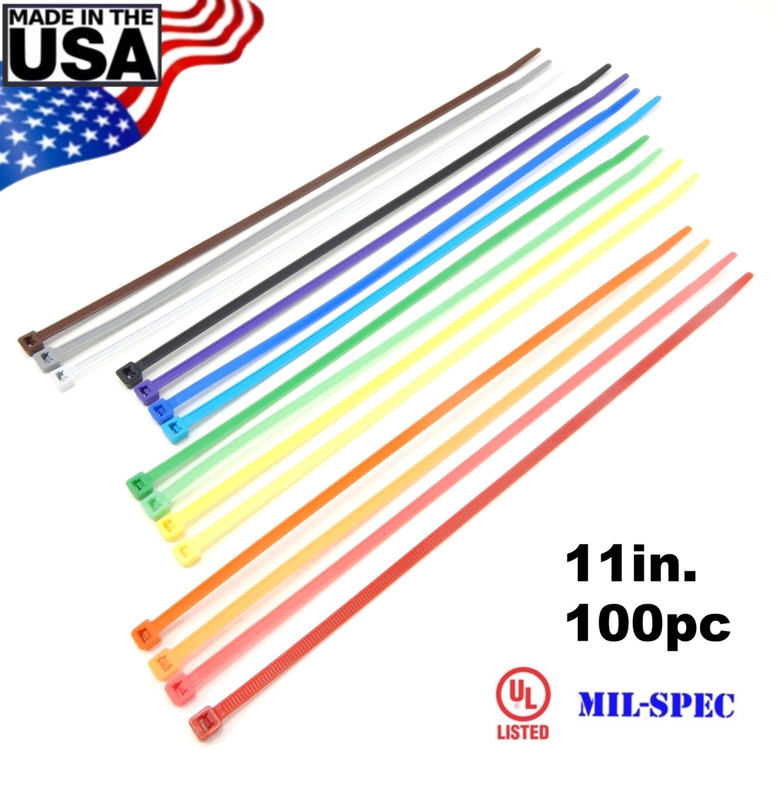 Color Zip Cable Ties 11″ 50lbs 100pc Made in USA Nylon Wire Tie Wraps