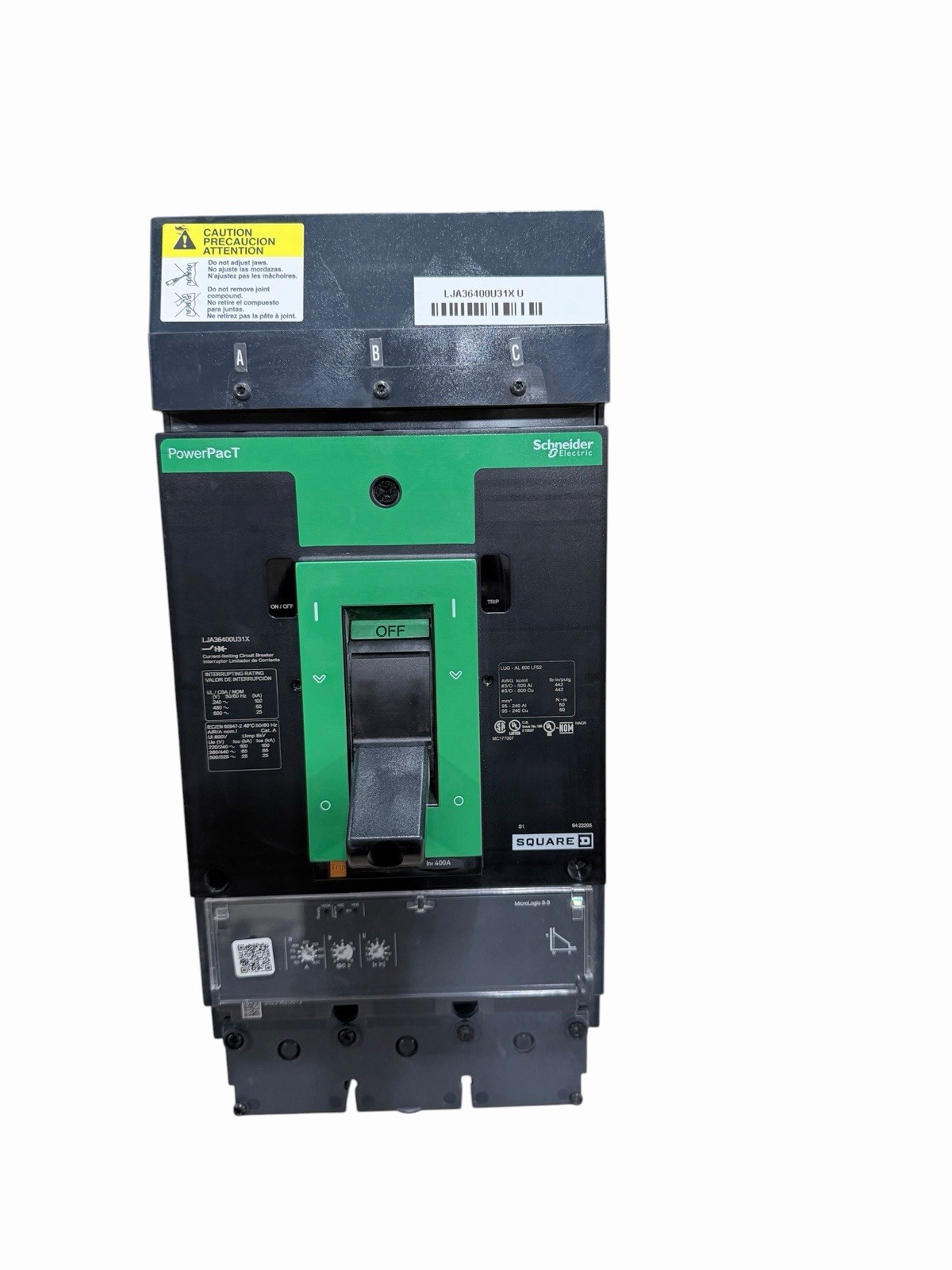Square D LJA36400U31X PowerPacT L 400A 3P 600V I-Line Breaker