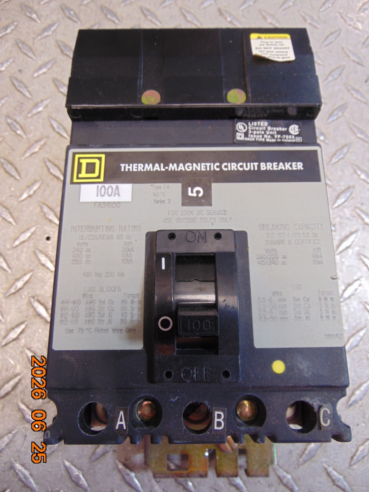 (1) Square D FA34100 I-Line Circuit Breaker 100A 480V 3P
