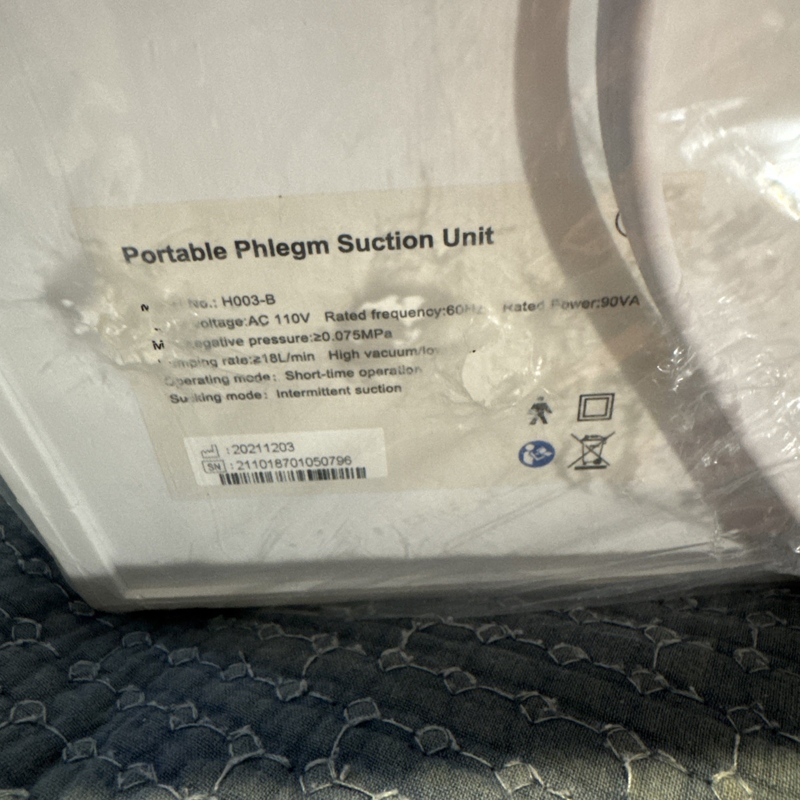 Portable Phlegm Suction Unit Vacuum Aspirator Machine H003-B-New Open Box