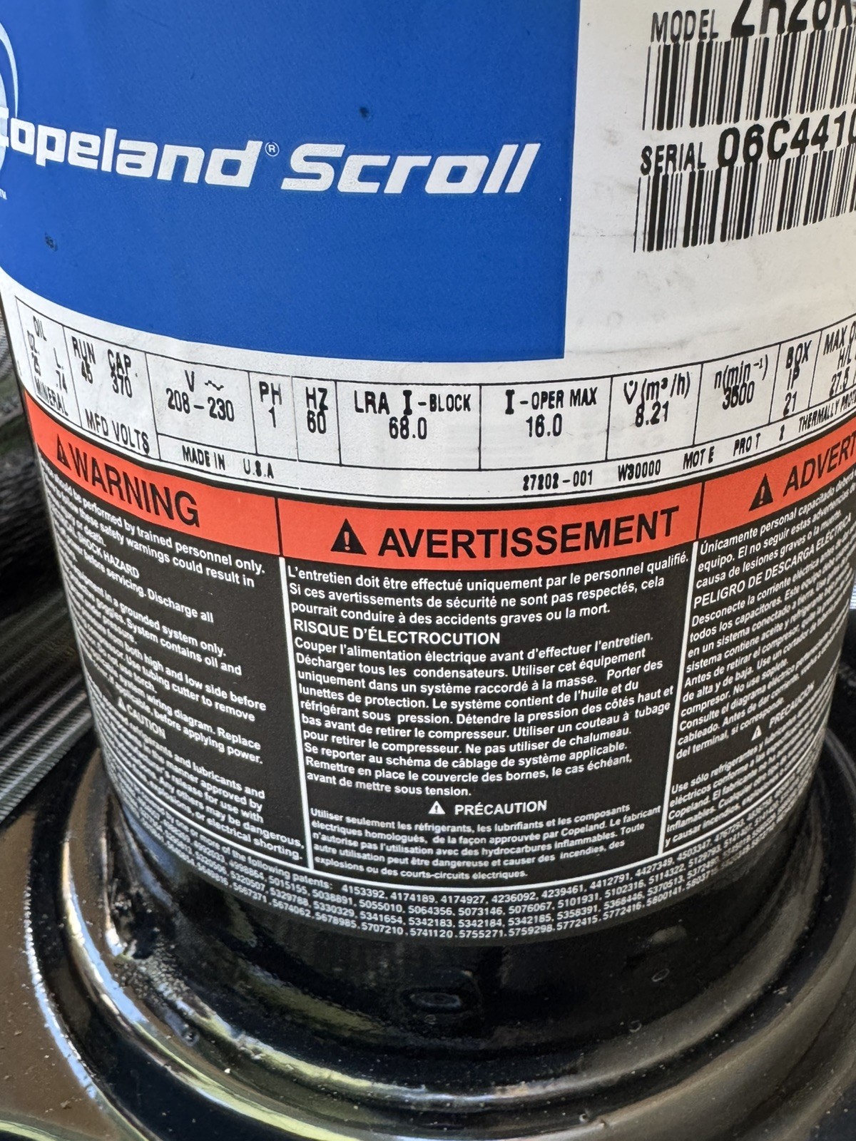 Copeland Scroll Compressor Model ZR28KA-PFV-130 208-230V 1PH R-22 NEW OLD STOCK