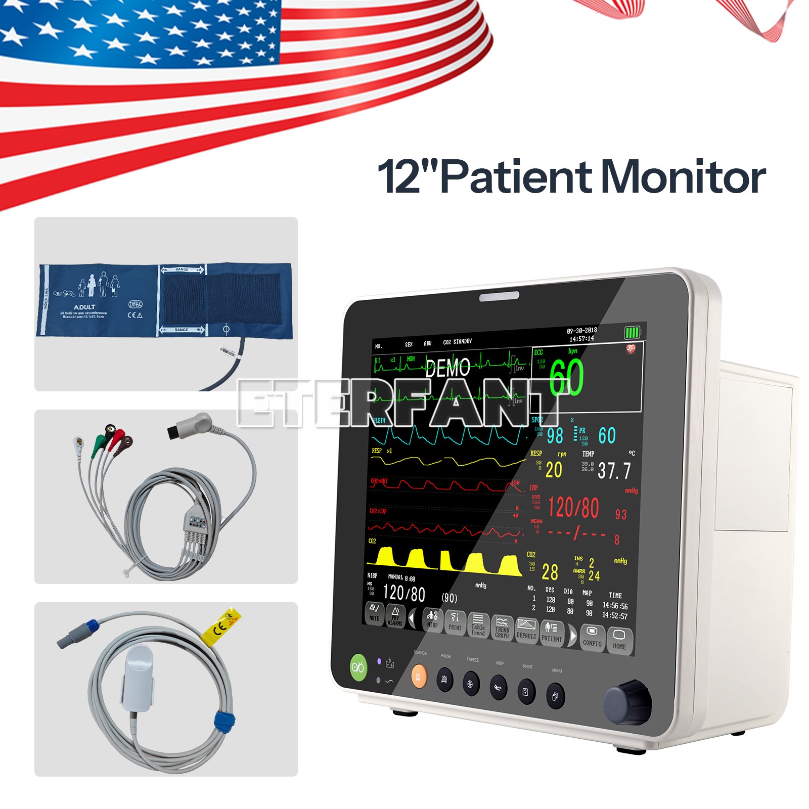 8/12″ Patient Monitor CCU ICU Vital Sign NIBP RESP PR ECG TEMP SPO2 For Hospital