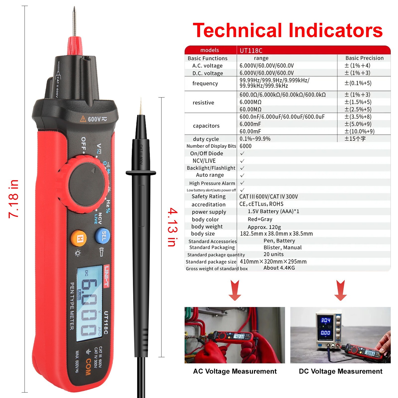 UNI-T UT118C Pen Type Digital Multimeter Volt Tester 6000Bits TRMS NCV/Live Test