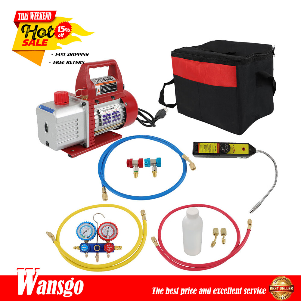 4CFM Rotary Vane Air Vacuum Pump HVAC 1/3HP A/C Refrigeration Kit Manifold Gauge
