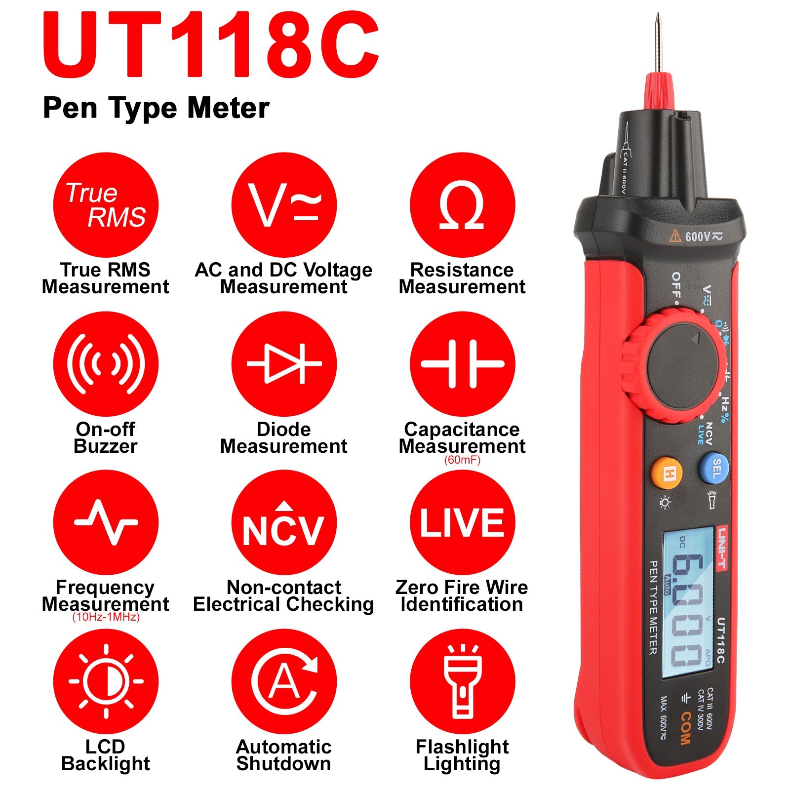 UNI-T UT118C Pen Type Digital Multimeter Volt Tester 6000Bits TRMS NCV/Live Test